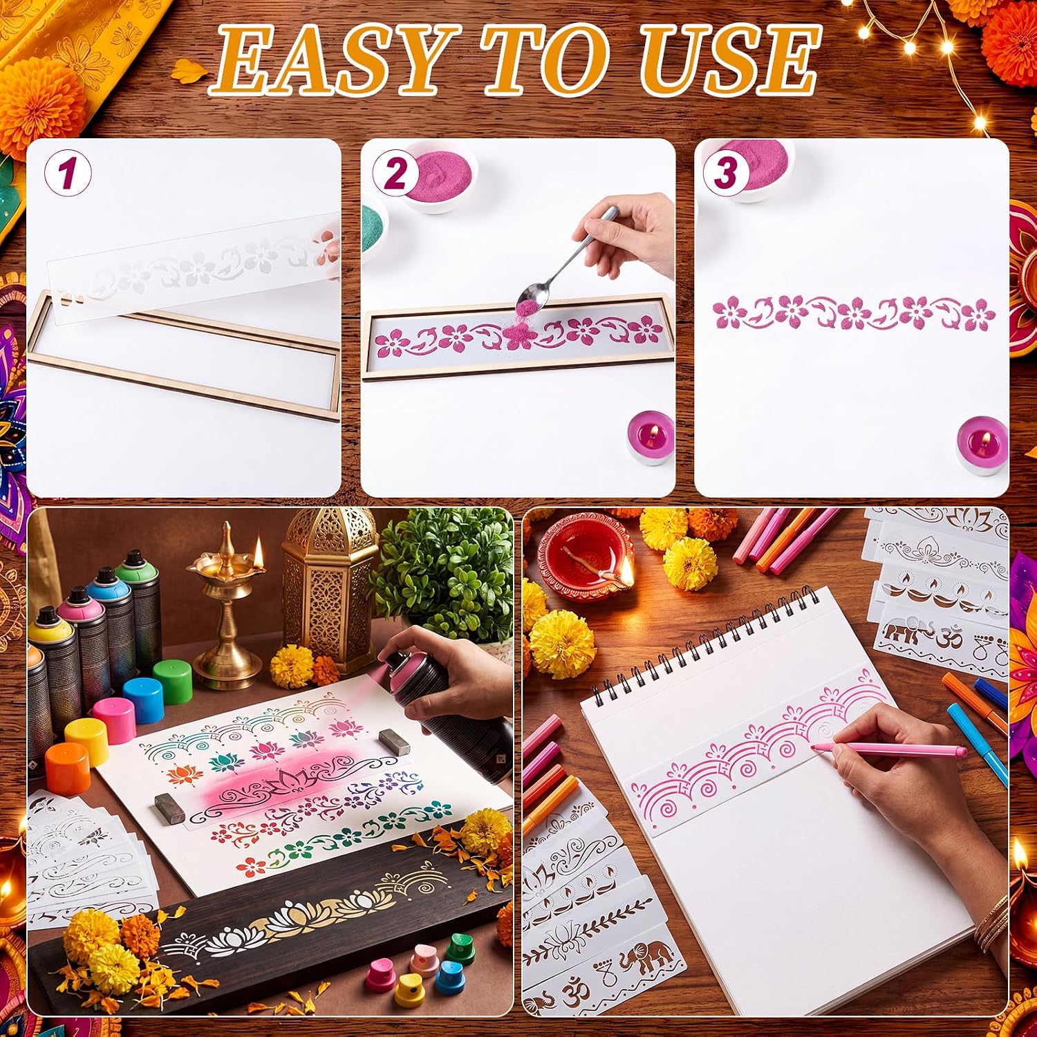 12 Pcs 12'' Diwali Rangoli Stencils and Frame DIY Sand Art Kit