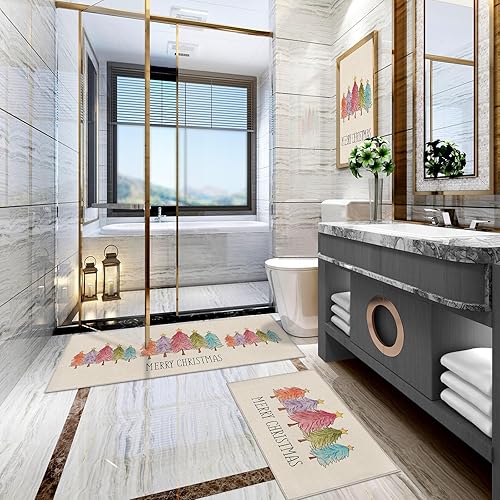 Miniatura 8 de Alfombras de cocina largas para piso, alfombra absorbente de entrada con diseño de árbol de Navidad en acuarela para interiores, alfombra
