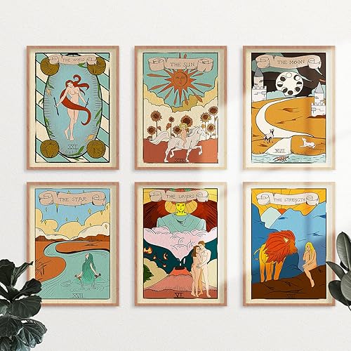 Miniatura 4 de YUMKNOW Decoración bohemia hippie para habitación, juego de 6 tarjetas de tarot sin marco de 8 x 10 pulgadas, bonitas cartas de tarot impresas para