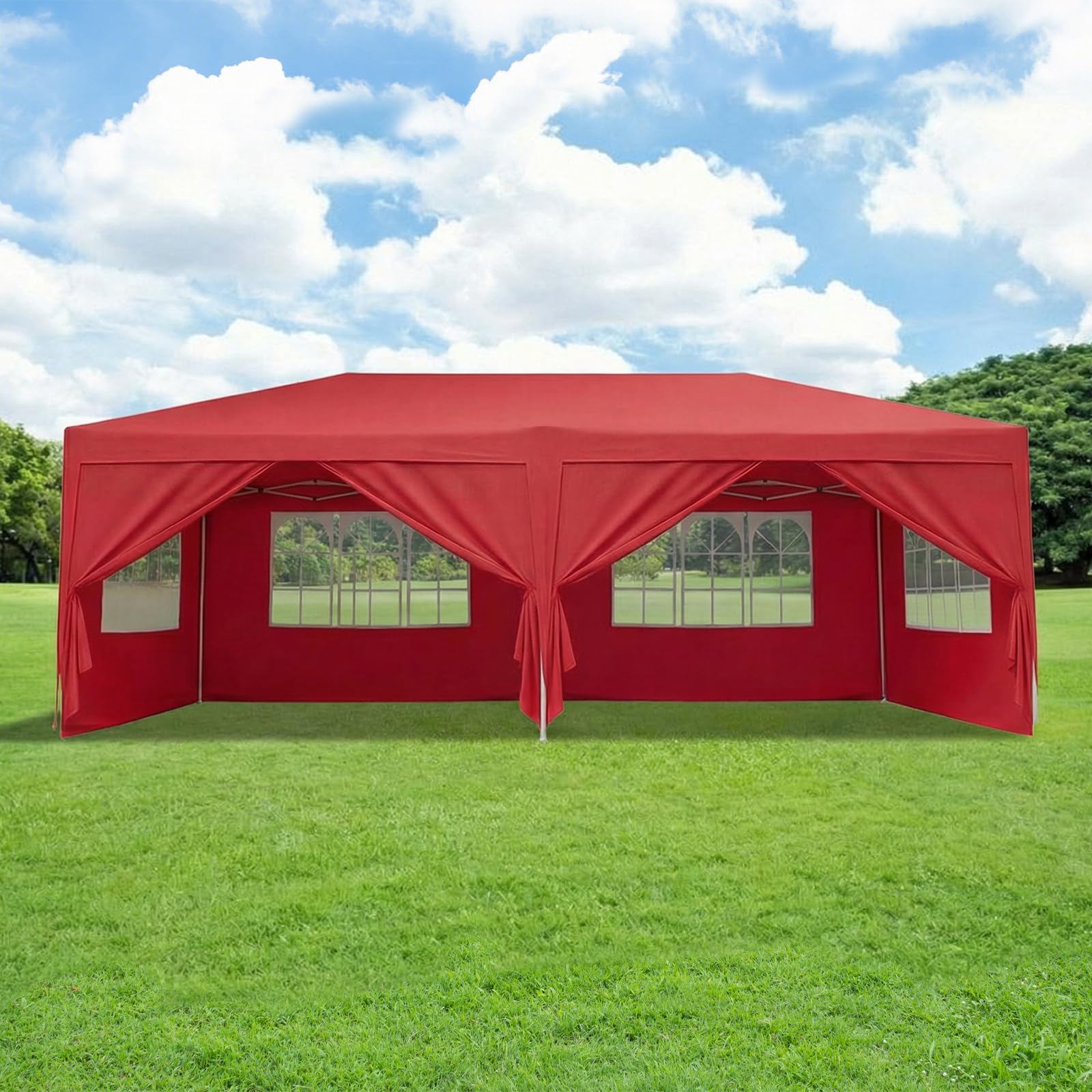 Garden Party Rapid Tent 6 x 3m Marquee, Water Resistant Awning Canopy Heavy Duty Pop Up Gazebo with Sides and Carry Bag (Red)