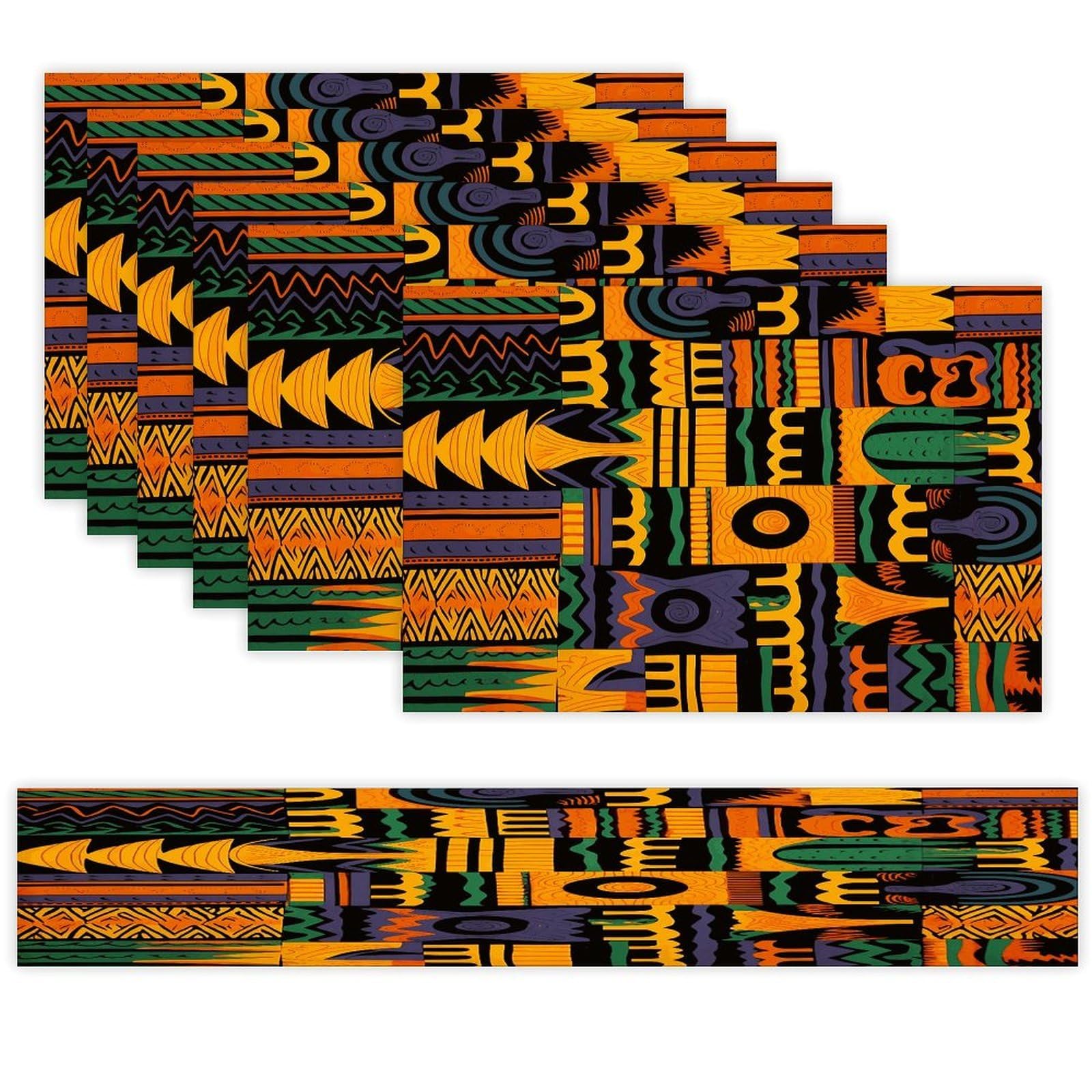 African Ethnic Pattern1 Table Runner and Placemats Set of 6 Wipe Clean Heat Resistant Table Mat with Table Runner Decorations Flax Linen Place Mat Set for Home Kitchen Party Supplies