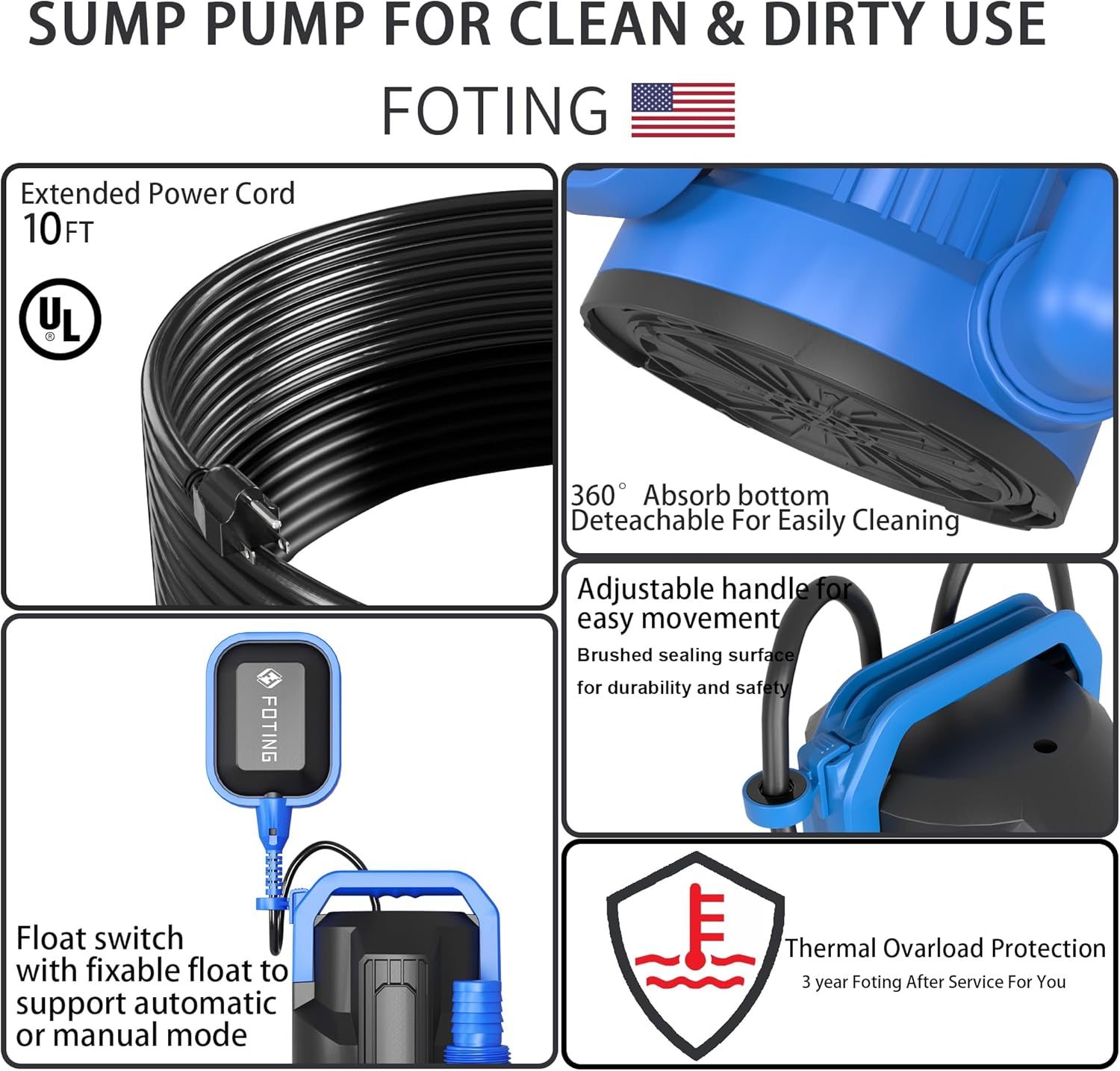 FOTING Sump Pump with 50FT Pool Backwash Hose 1-1/2 lN, 1Hp clean/Dirty submersible Water Pump, 4900GPH Utility Pump
