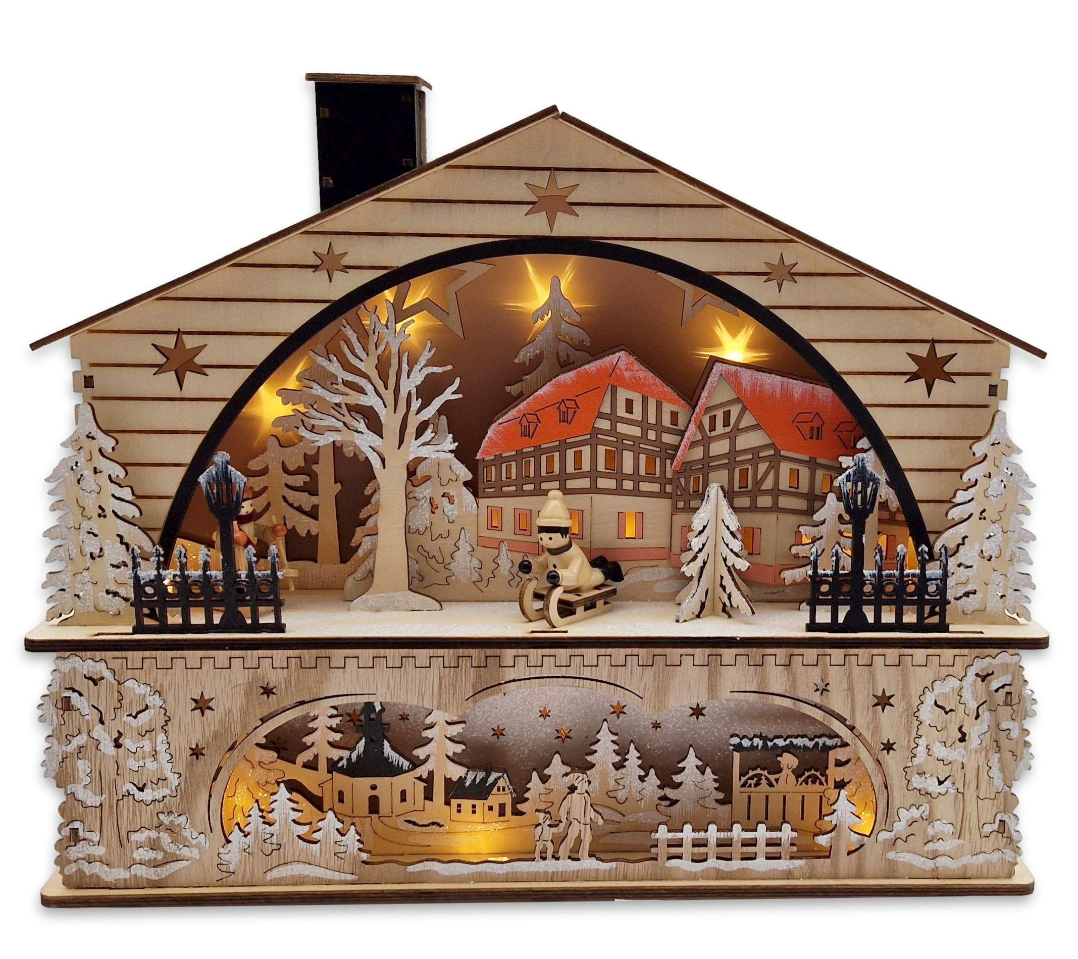Wichtelstube-Kollektion Weihnachts-Dorf aus Echtholz, beleuchtete Weihnachtsdekoration für Innen Lichterbogen für Weihnachten, Weihnachtsdekoration, Holz, Handgefertigt mit 3D Effekt und Hologramm