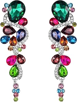 Bohemian Teardrop Cluster Crystal Diamante Clip-On Long Drop Dangle Chandelier Earrings, Statement Earrings for Costume, Wedding Bridal Jewellery for Brides