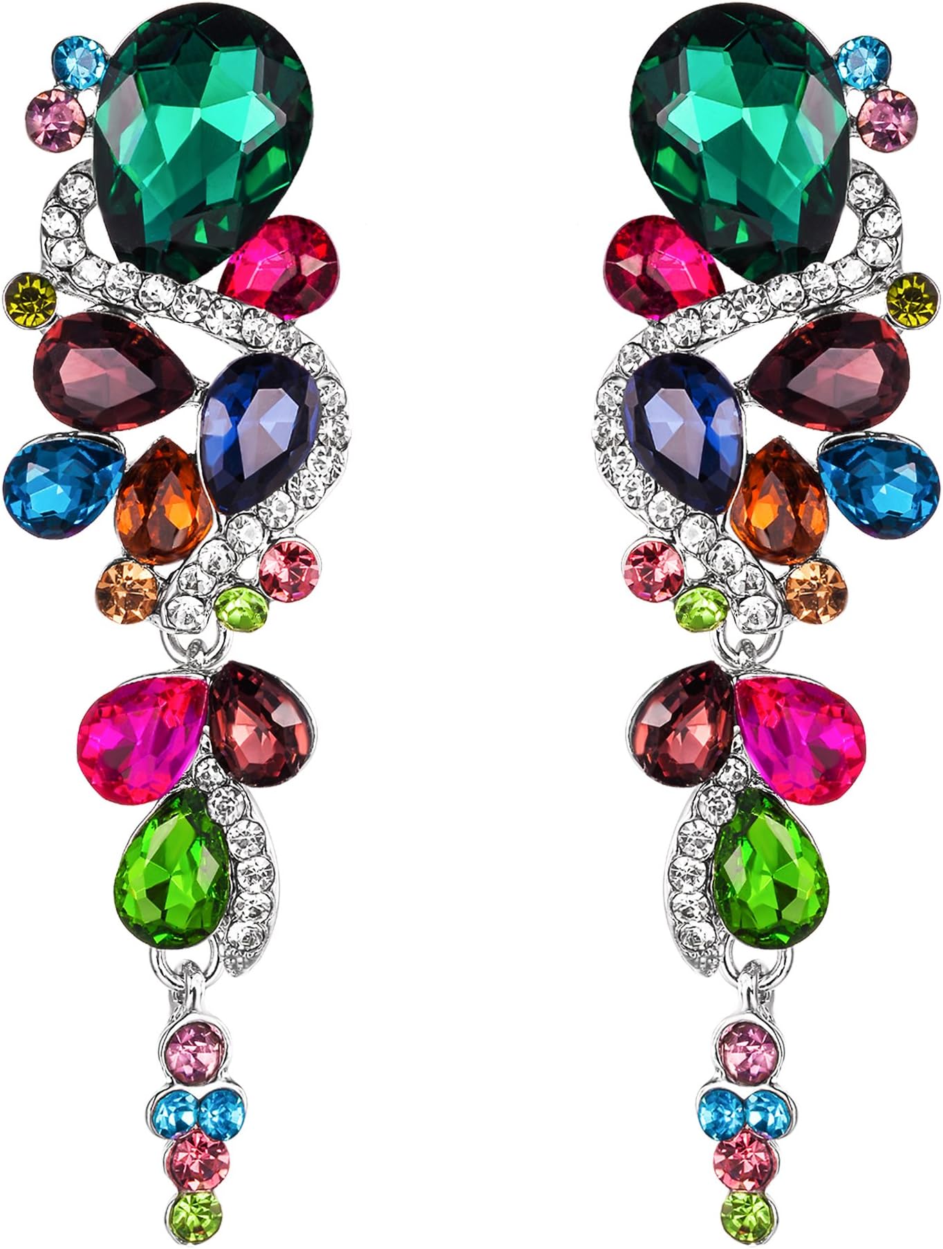 Bohemian Teardrop Cluster Crystal Diamante Clip-On Long Drop Dangle Chandelier Earrings, Statement Earrings for Costume, Wedding Bridal Jewellery for Brides