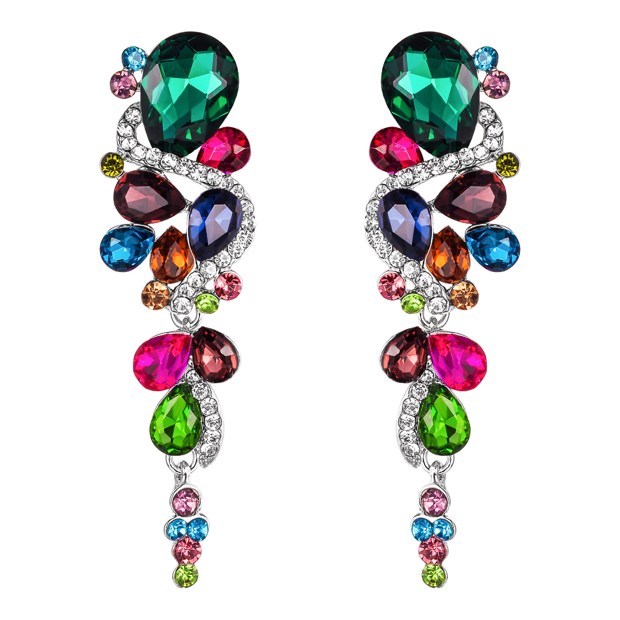 Clearine Bohemian Teardrop Cluster Crystal Diamante Clip-On Long Drop Dangle Chandelier Earrings, Statement Earrings for Costume, Wedding Bridal Jewellery for Brides