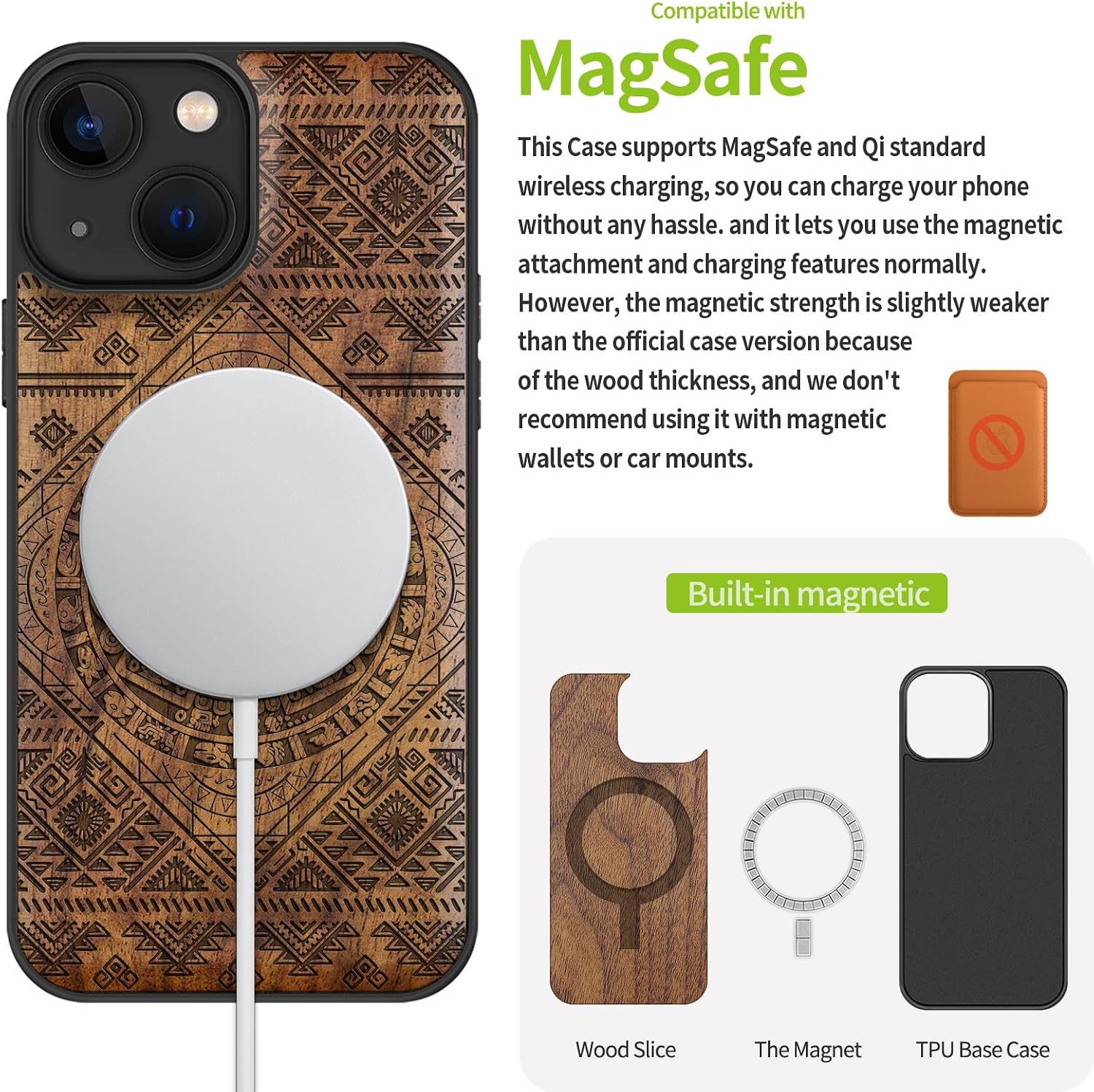 Carveit Magnetic Wood Case for iPhone 13 Mini Case [Natural Wood & Black Soft TPU] Unique Wooden Shockproof Protective Cover Compatible with magsafe (Aztec Calendar -Walnut)