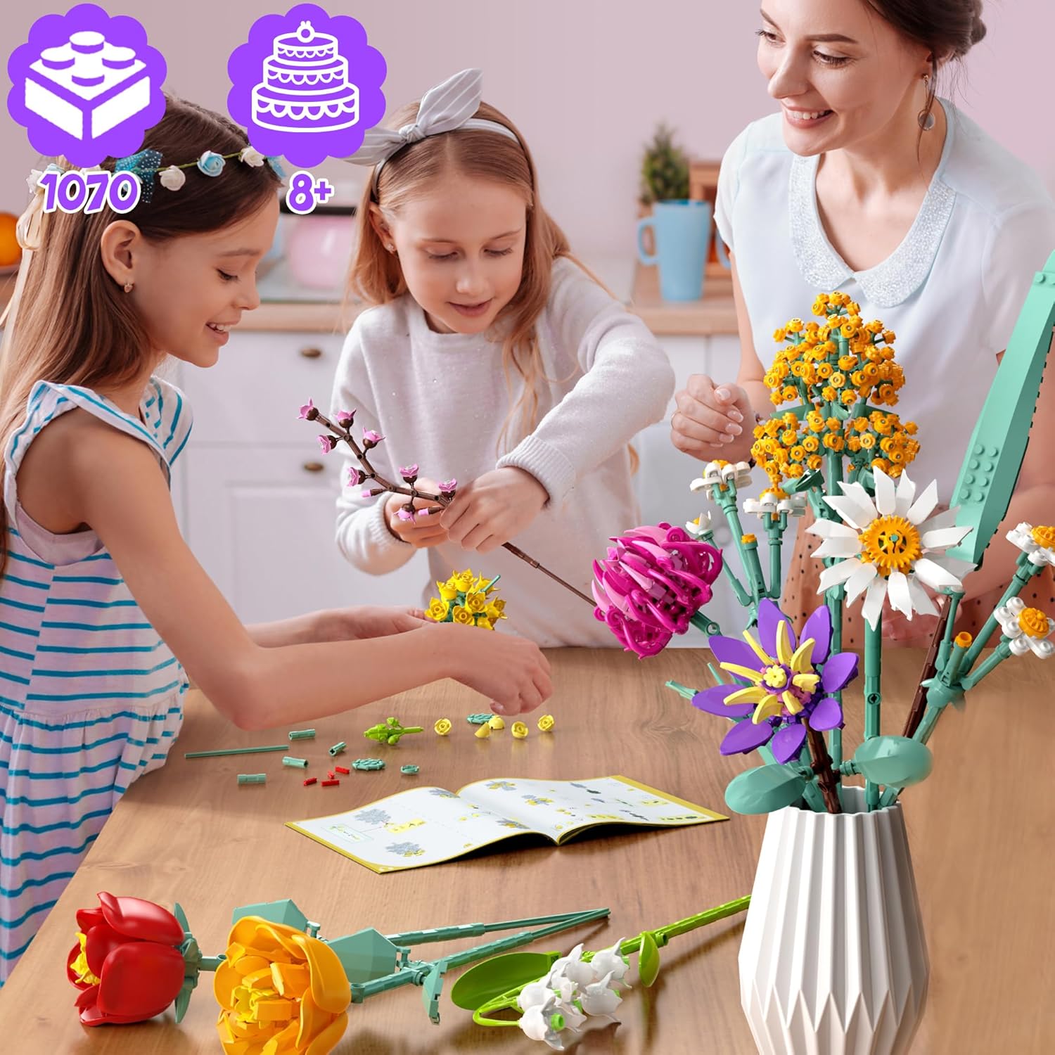 Flower Bouquet Building Set, 1070PCS DIY Botanical Blocks for Home & Office Decor, Gift for Adults & Kids Age 8+, Ideal for Birthday, Valentine's Day, Graduation, Mother's Day