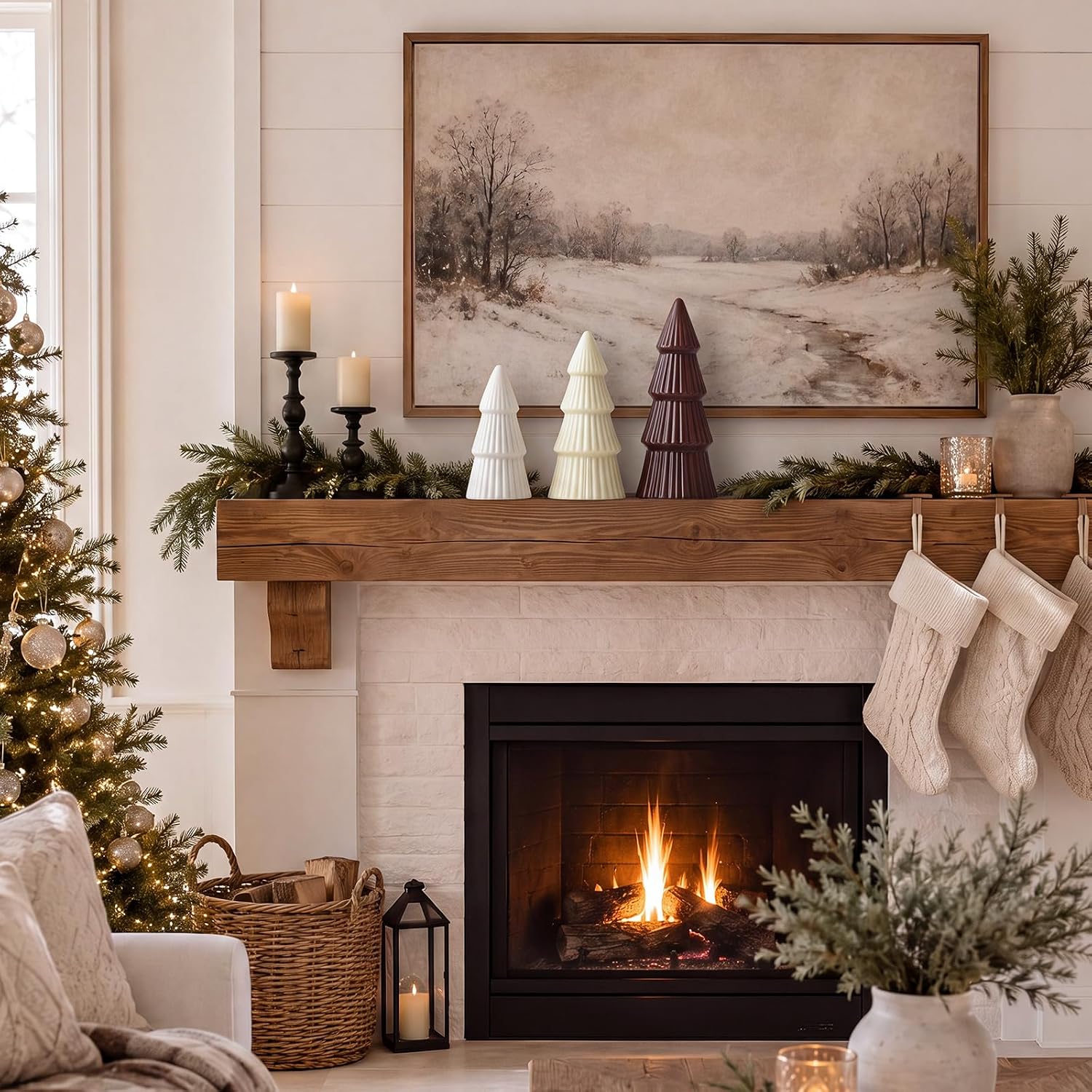 Amyhill 3 Pcs Ceramic Tabletop Christmas Tree Decorations Neutral Christmas Decor Freestanding Xmas Tree Figurines in Ivory, Beige and Brown for Mantel Shelf Living Room Home Decor Gifts(Round)