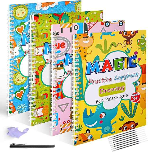 Plus-version Magic Practice Copy books, 4 Pack Grooved Copybook for Children Calligraphy, Reusable English Handwriting Practice Tracing Workbook with Pens for Beginners, Drawing|Math|Numbers|Alphabet