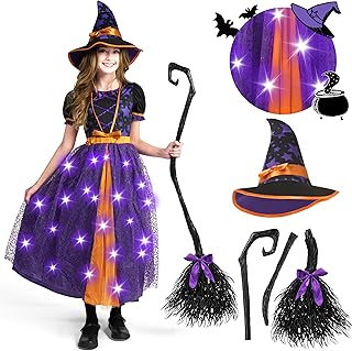 Spooktacular Creations Light Up Purple Witch Costume with Broom for Toddler Girls, Fairy Tale Witch Halloween Costume Dress Up (3T (3-4 years))