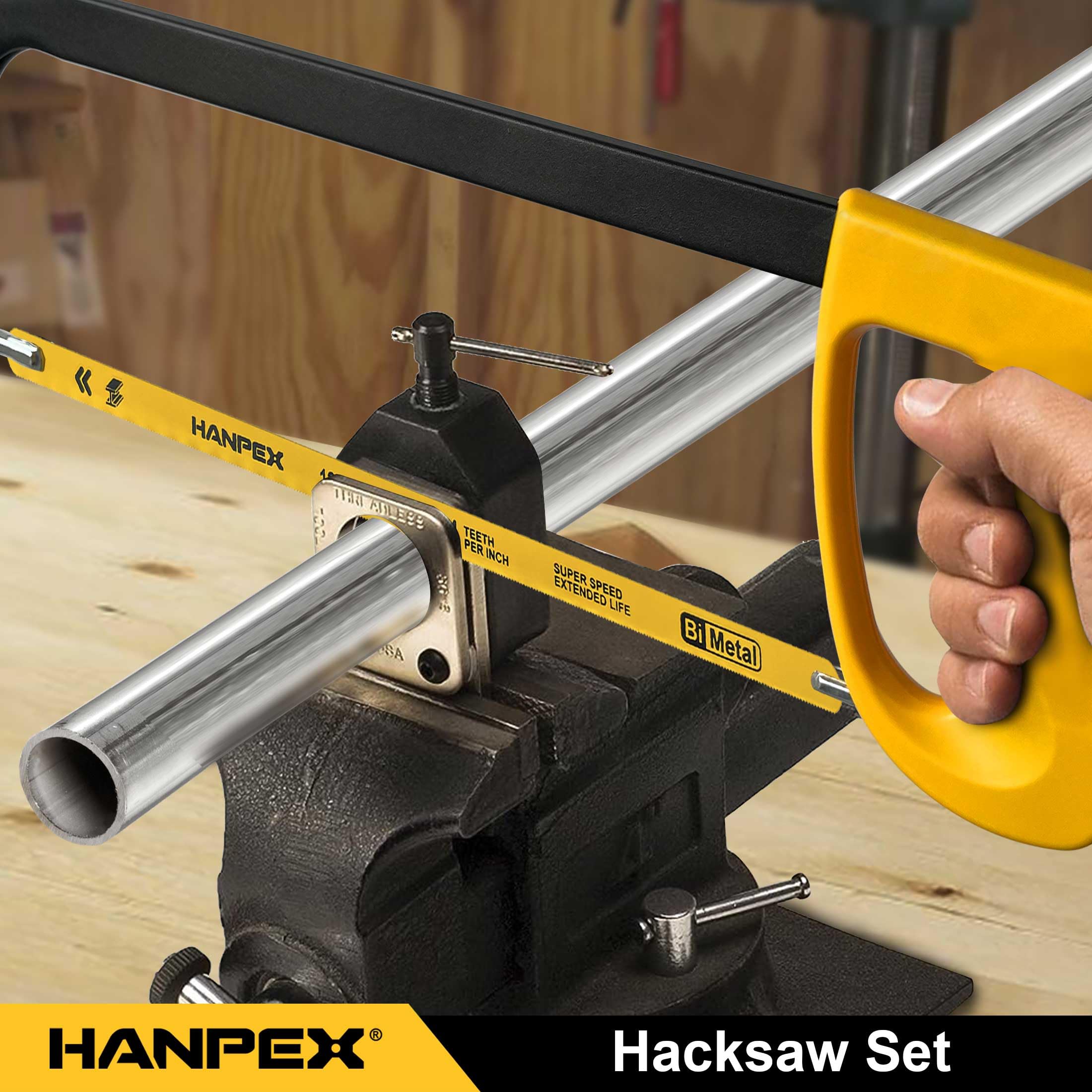Hanpex Marco de sierra de alta tensión de 12 pulgadas con 10 cuchillas bimetálicas adicionales, sierra de mano adecuada para metal, madera, PVC, carpintería