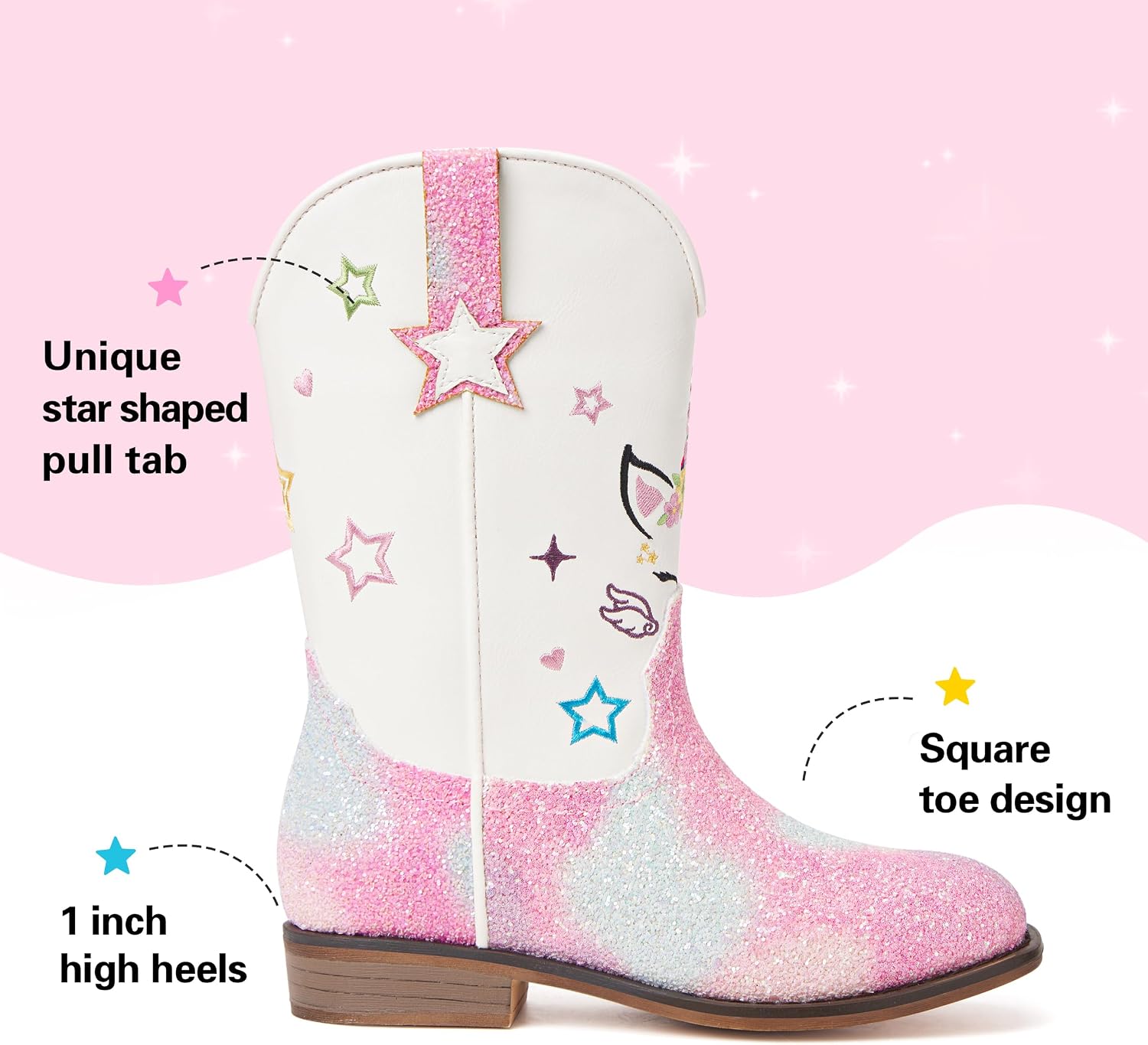 Julyrose Girls Cowgirl Boots Western Cowboy Boots Glitter Square Toe | Mid Calf,Side Zipper,Pull On Tabs,Little Kid,Big Kid,Riding Boots,Birthday Party,Rodeo,Western Event,Gift