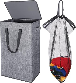 Odonata 75L Slim Laundry Hamper with Lid,Large Foldable Laundry Basket with Removable Bag and Handles Tall Collapsible Dirty Clothes Basket Great for Bedroom, Bathroom, Dorm, College,RV. (Grey, 75L)