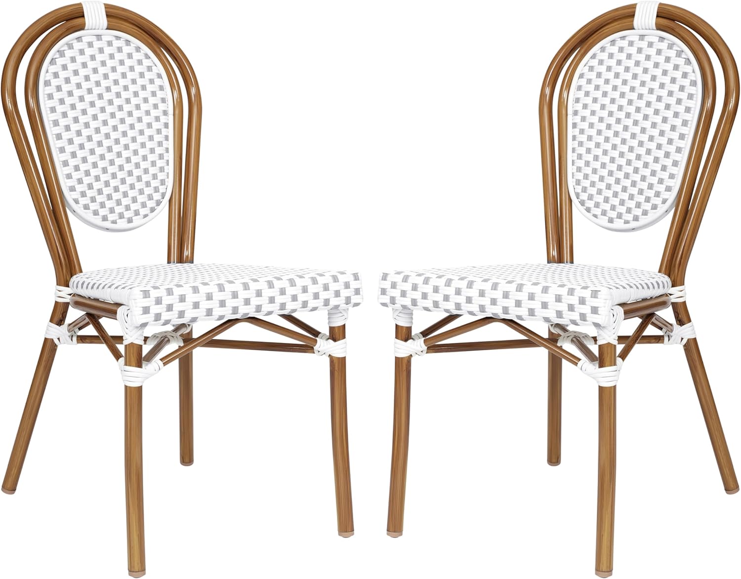 Flash Furniture Lourdes Indoor/Outdoor Commercial Thonet Bistro Stack Chair - White/Gray PE Rattan Back and Seat - Natural Bamboo Print Metal Frame - Set of 2