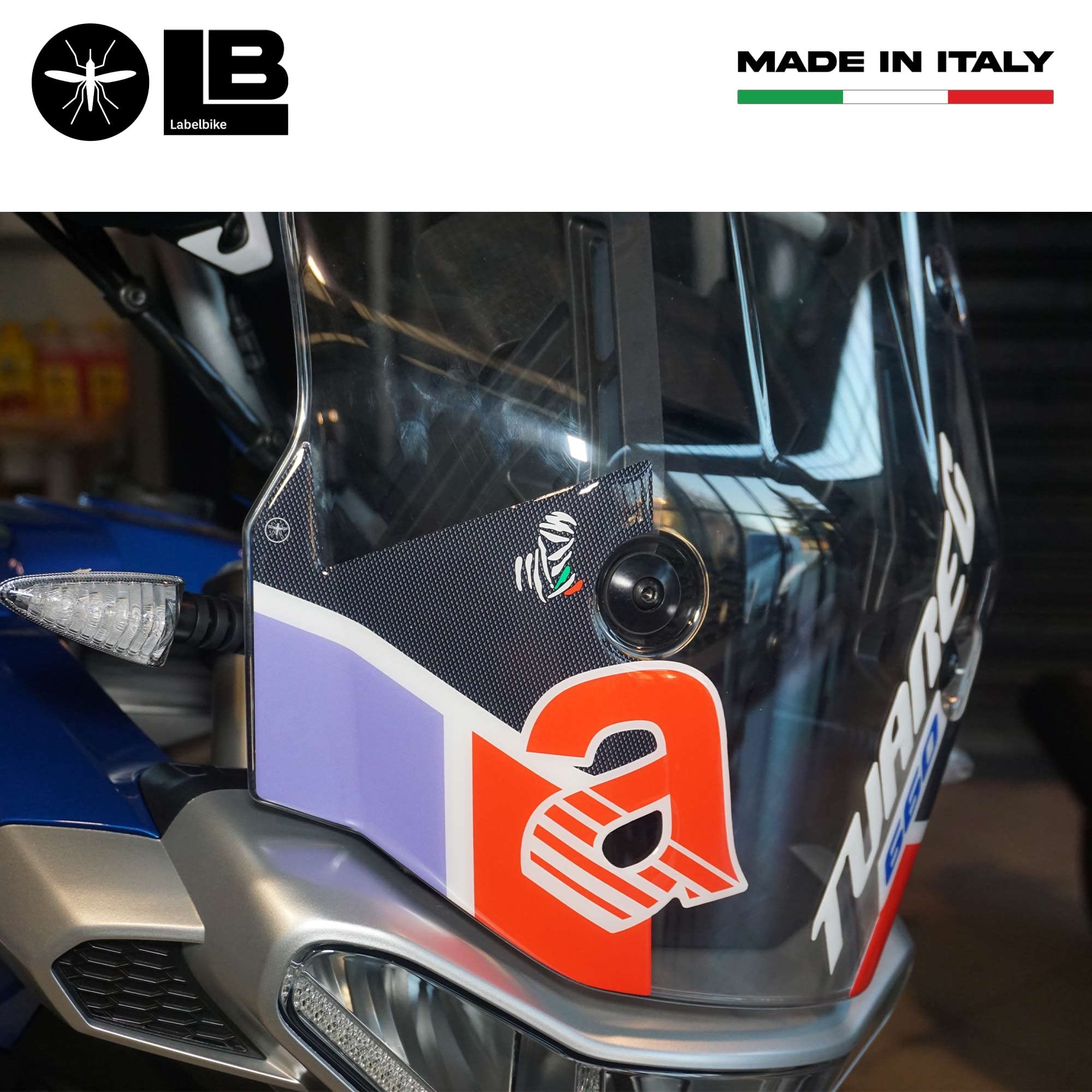 Adesivo 3D Moto In Resina – Protezione E Decorazione Per Cupolino Aprilia Tuareg Rally 660 – Colore Viola/Bianco/Nero/Carbonio/Rosso, Made In Italy