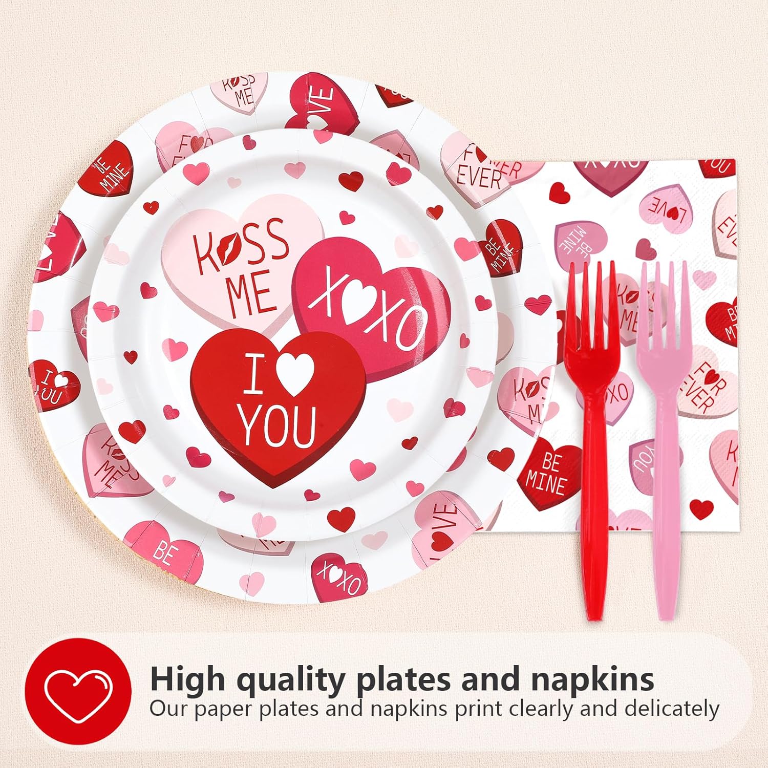 200Pcs Valentine's Day Party Supplies Pink Ture Love Heart Plates and Napkins Disposable Red Pink Hearts with Words Tableware Sets for Valentines Day Wedding Engagement Anniversary Decorations Serve50 - Image 3