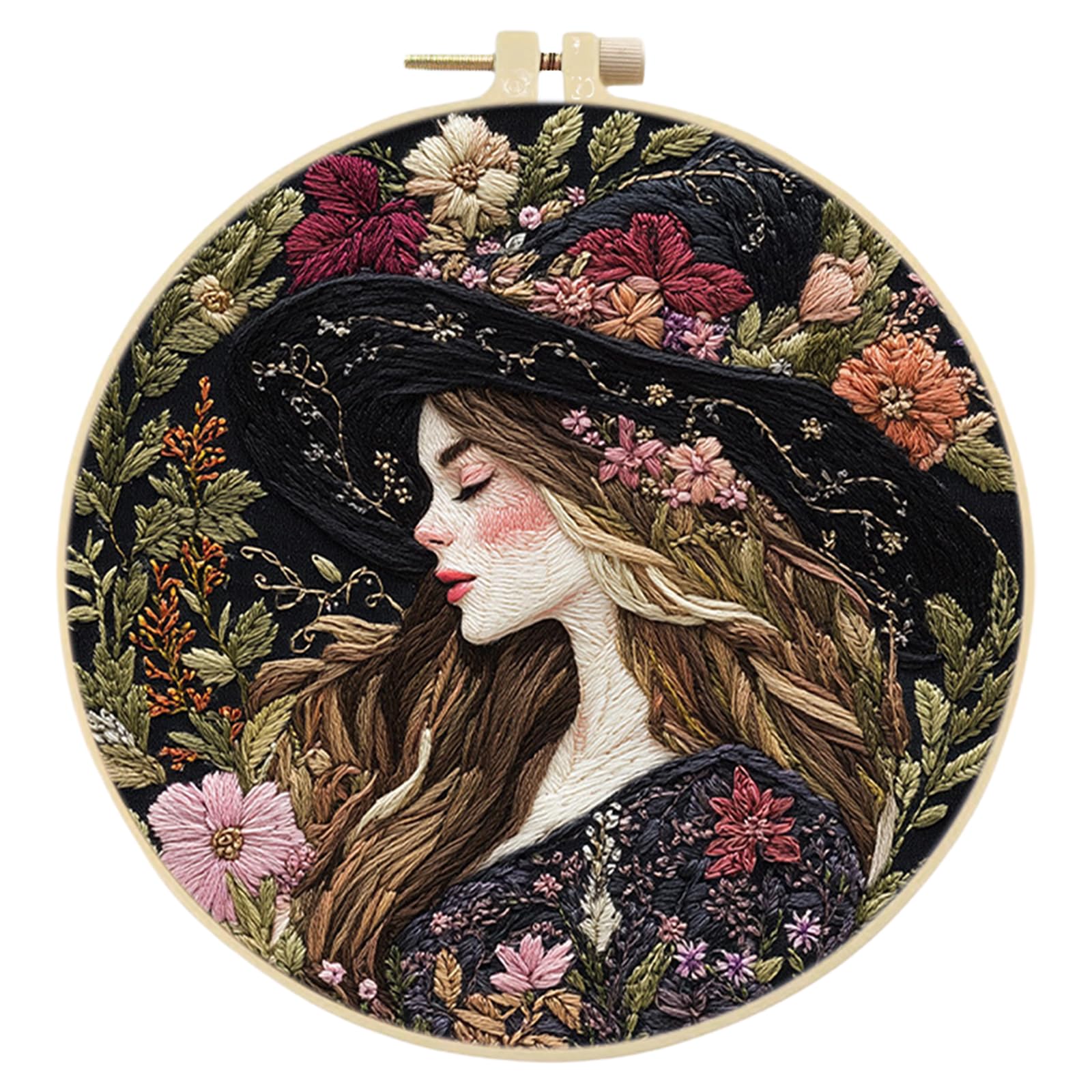 POETRYDRAW Halloween Floral Witch Embroidery Kit with Hoop for Beginners