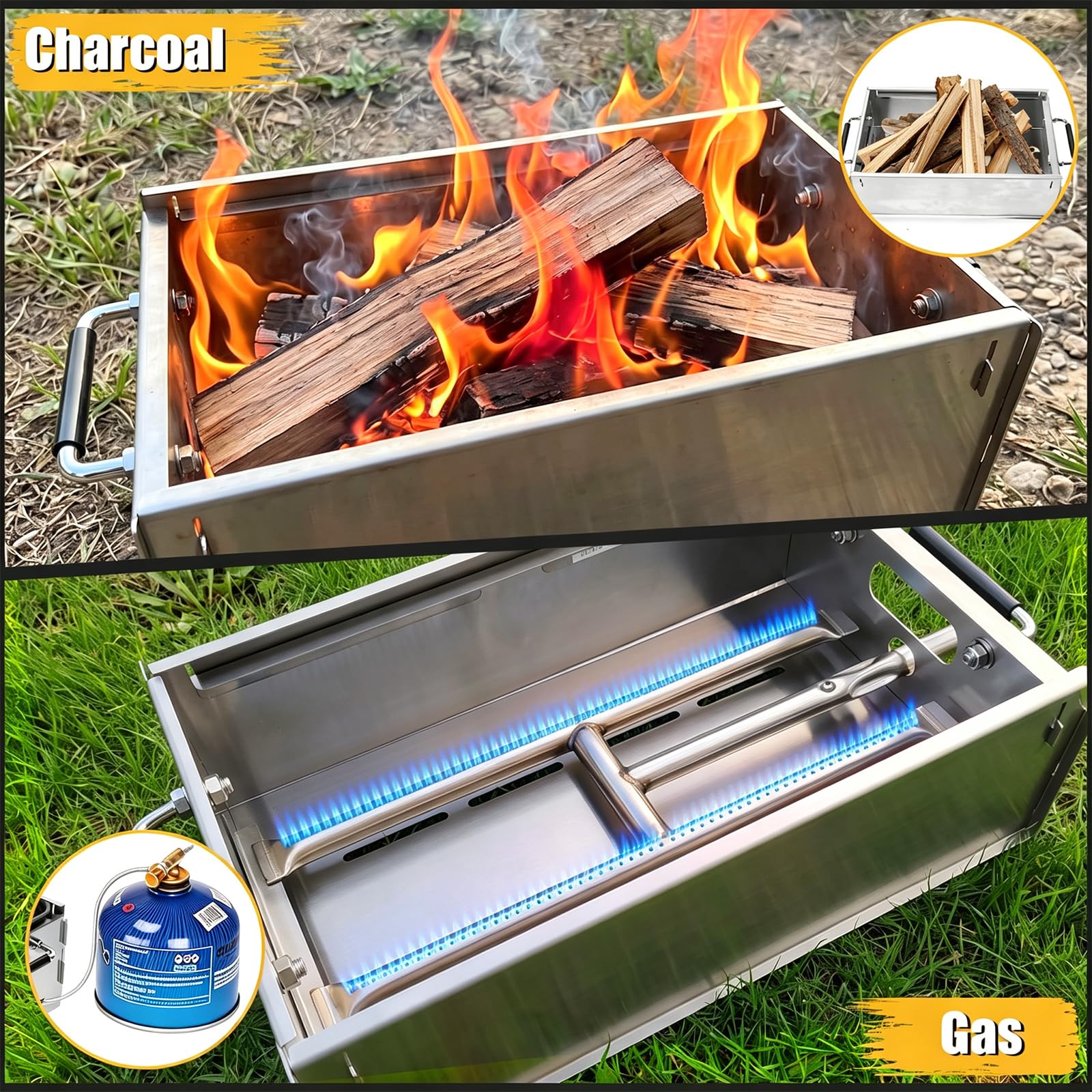 GFTIME Barbecue a gas portatile, da campeggio, funzionamento a gas e carbone, con piastra in ghisa, borsa per il trasporto, piccolo grill, perfetto per campeggio, giardino, balcone, esterno, griglia