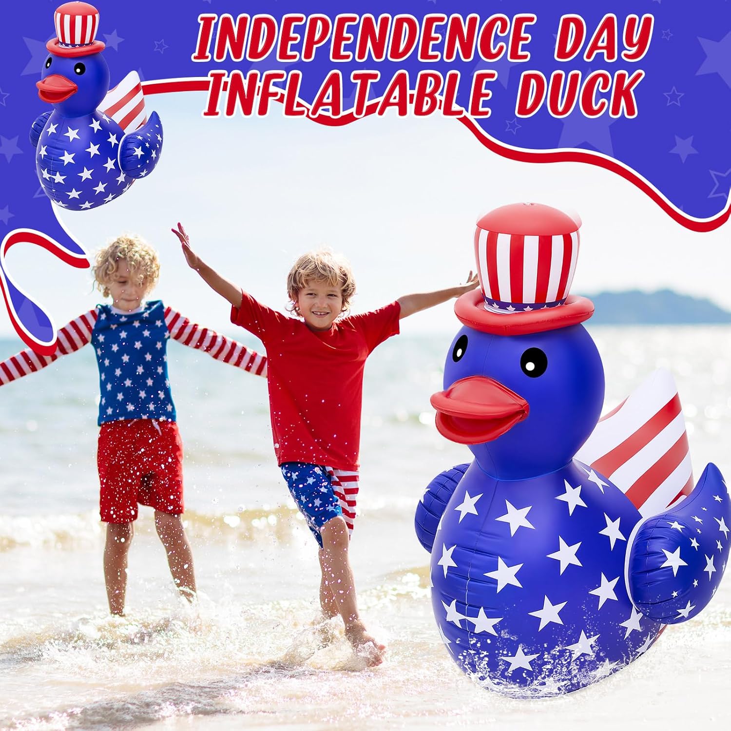 Hungdao 1 Pc 4 ft Patriotic Inflatable 4th of July Pool Float American Flag Giant Duck Inflatable Blow up Duck for Golf Cart Decorations Pool Independence Day Parade Decorations (National Flag Style)