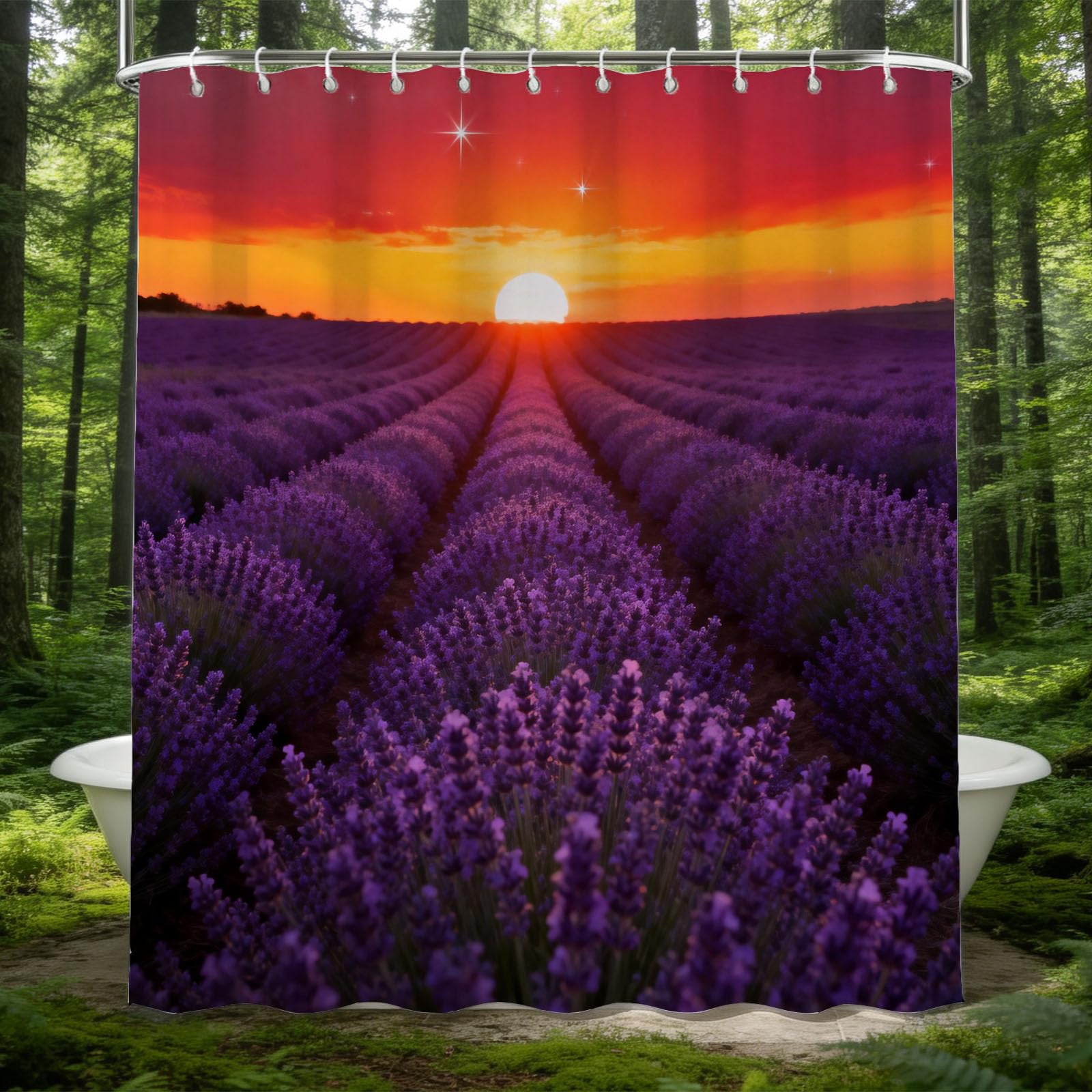 Hongduo White 3D Lavender Shower Curtain For Stalls Bathtubs Sunset Scenery Bathroom Decor Shower Curtain Set Polyester Fabric Waterproof 180X200cm/71X79 Inch With Hooks