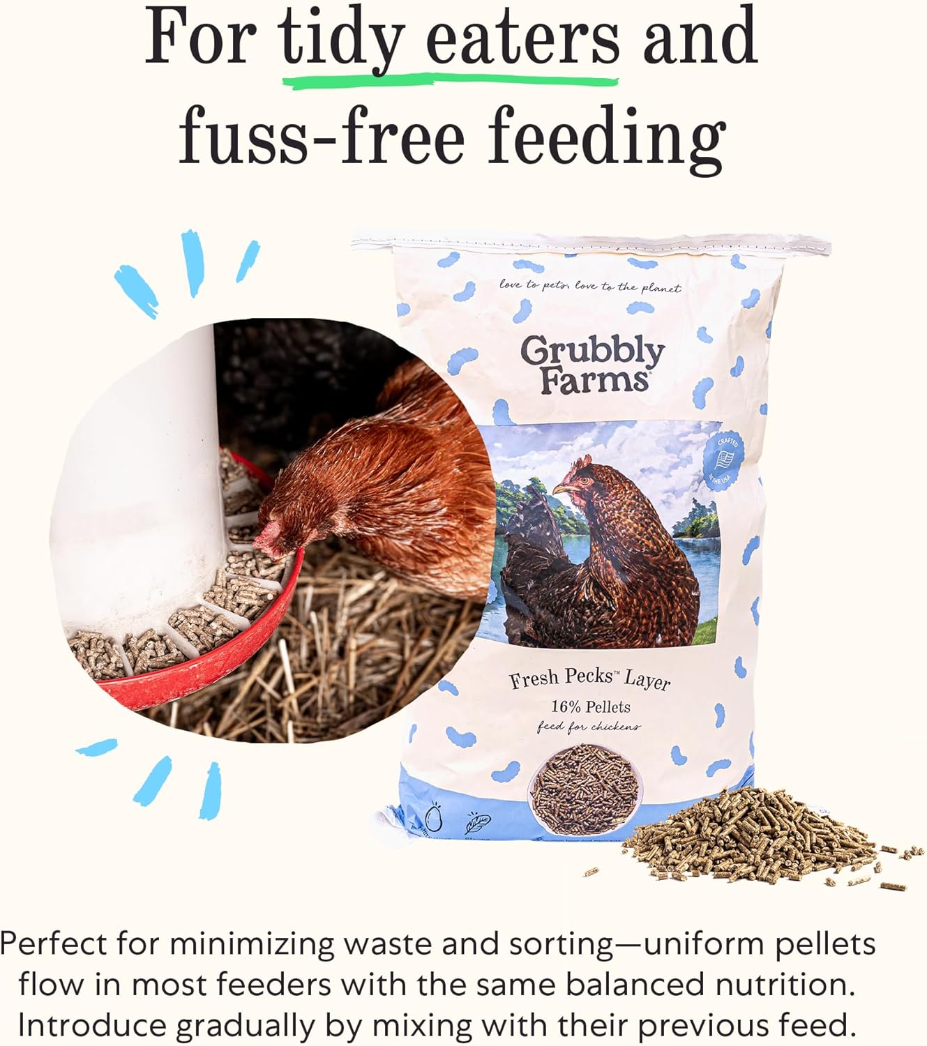 Grubbly Farms Fresh Pecks Layer Chicken Feed Pellets - 16% Layer Feed for 20+ Week Old Hens, Batams, and Larger Breeds - Contains Black Soldier Fly Grubs - No Soy, Corn, or Fish - 30 lb Bag