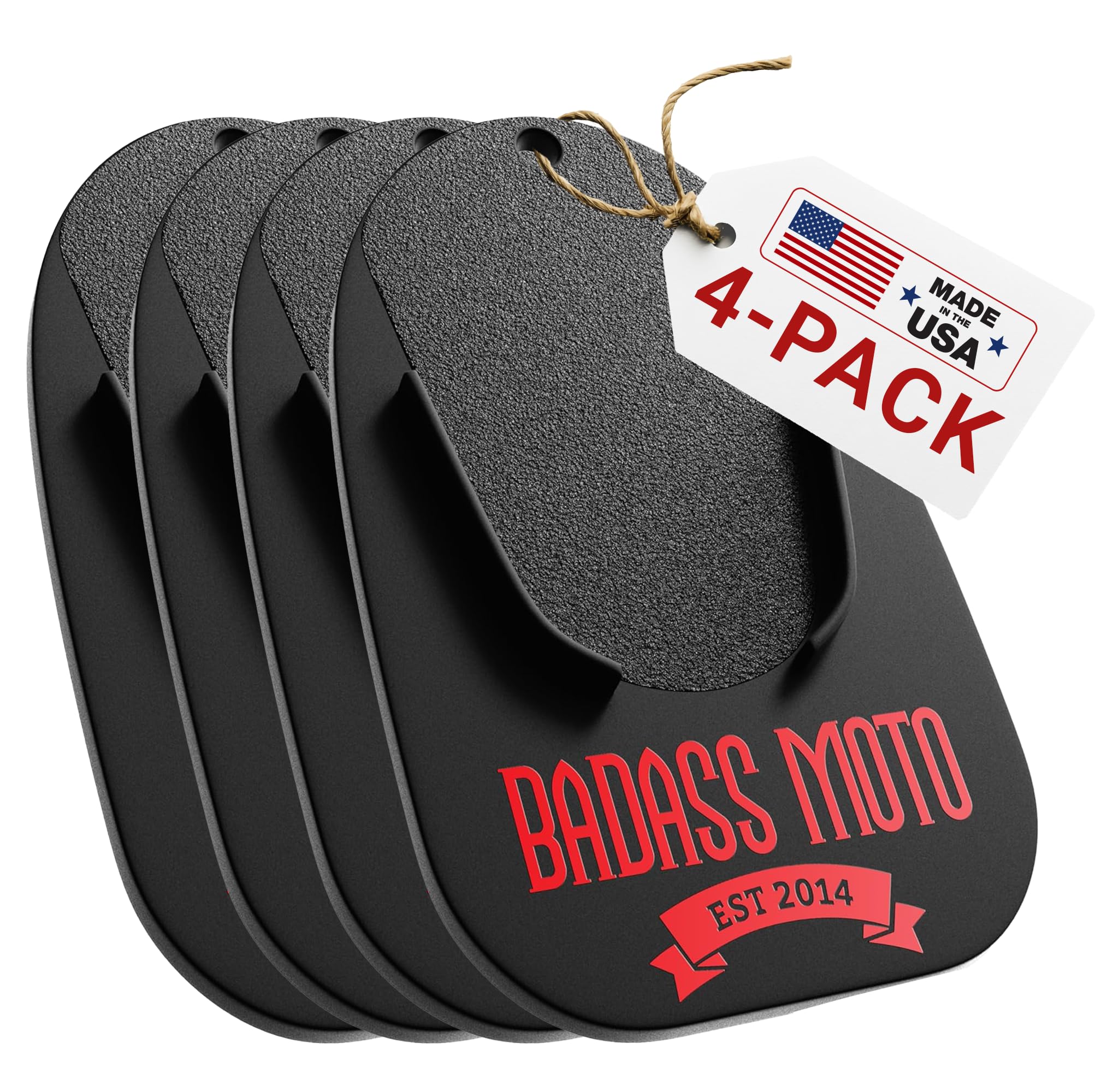 Badass Moto Motorcycle Kick Stand Pad, Motorcycle Stand Pad, Black USA 4-Pk Anti-tip kickstand coaster plates for Harley touring, sport bikes &amp; cruisers; 3x5 in stand pad for grass,dirt &amp; hot pavement