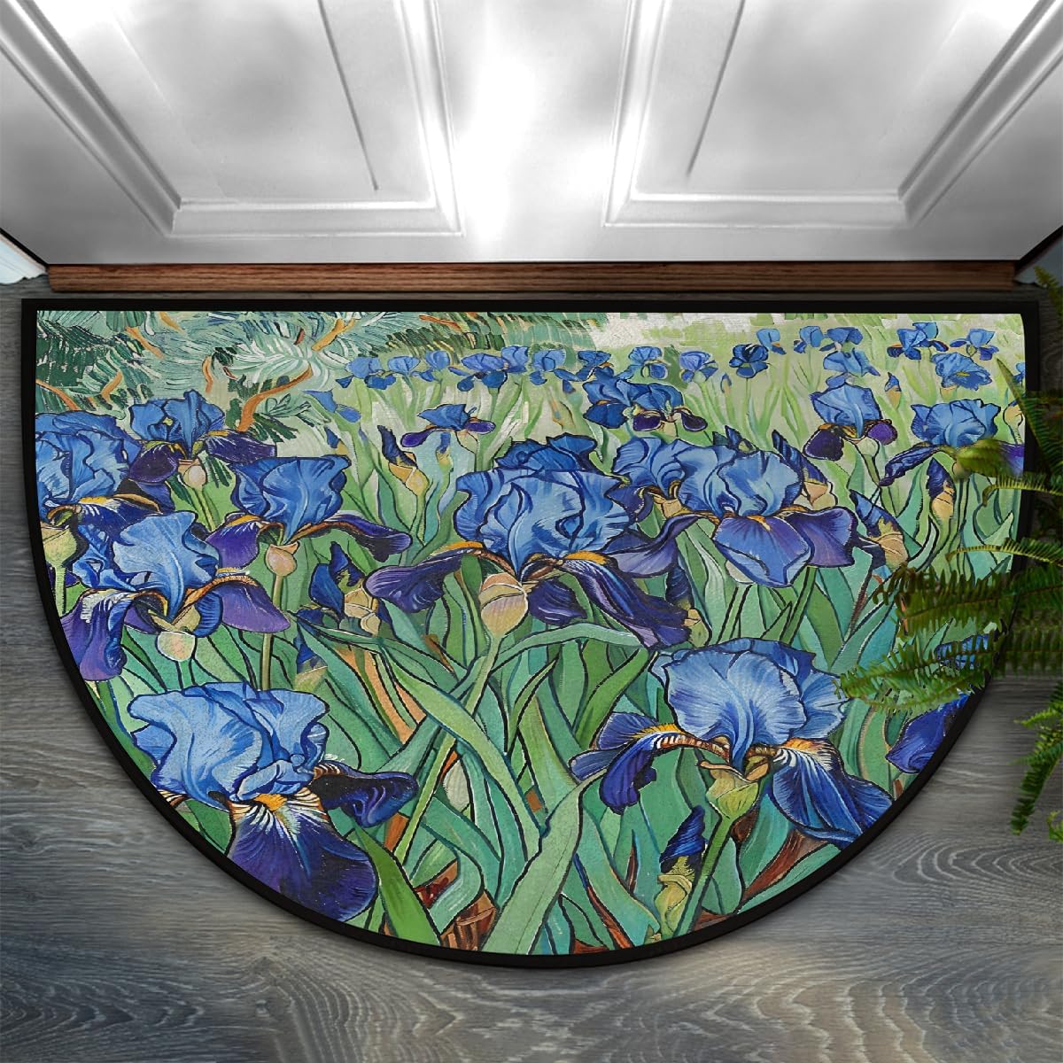 Half Round Door Mat Flower Blue Green Half Moon Rug Washable Half Circle Area Rugs Indoor Entrance Non Slip Semi Circle Bathroom Rugs Floor Carpet for Kithen Bedroom Fireplace Decor