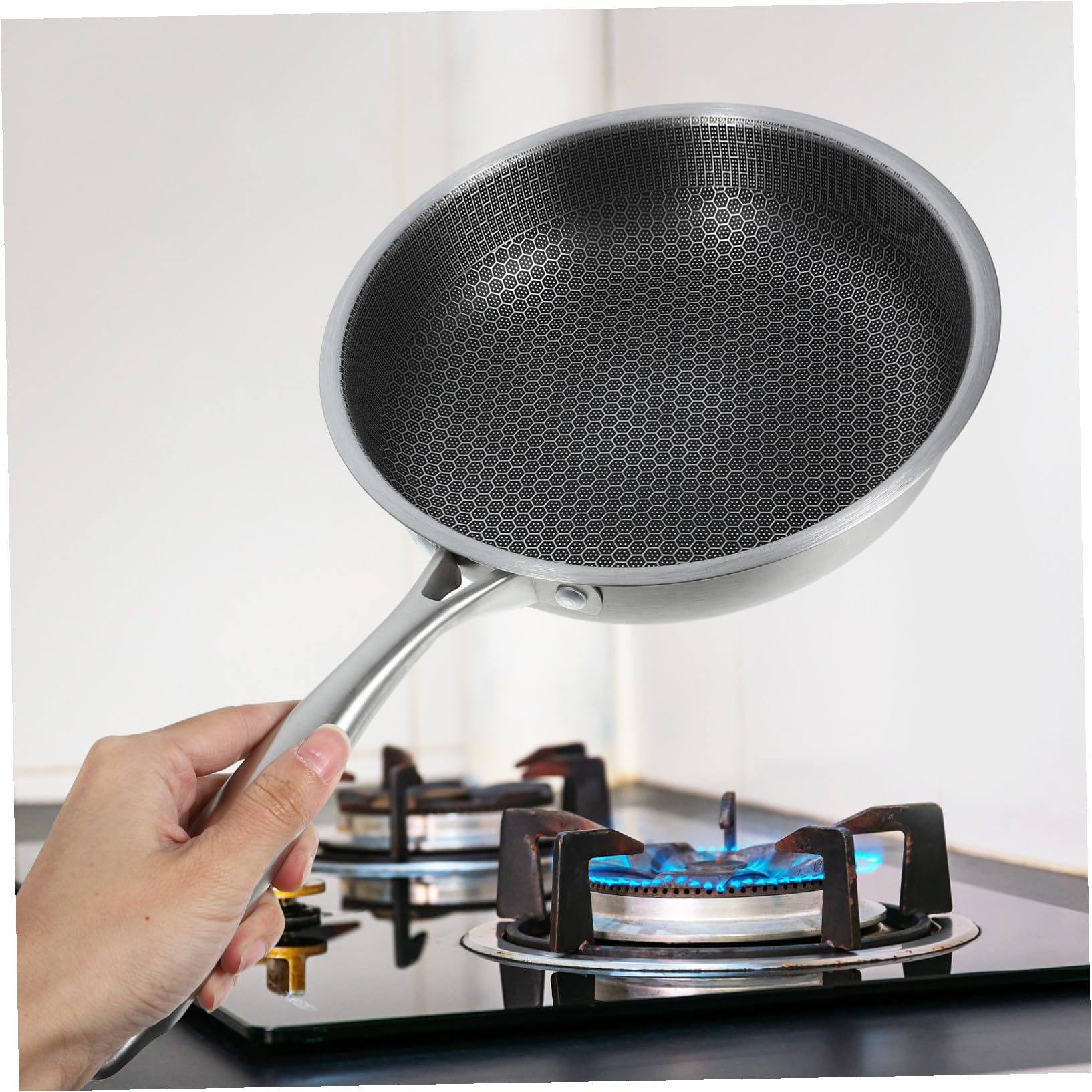 Padella in Acciaio Inox Nera Fondo Piatto Antiaderente | Padella Piccola Antiaderente, Distribuzione Uniforme del Calore, Adatta per Friggere Uova e Bistecche