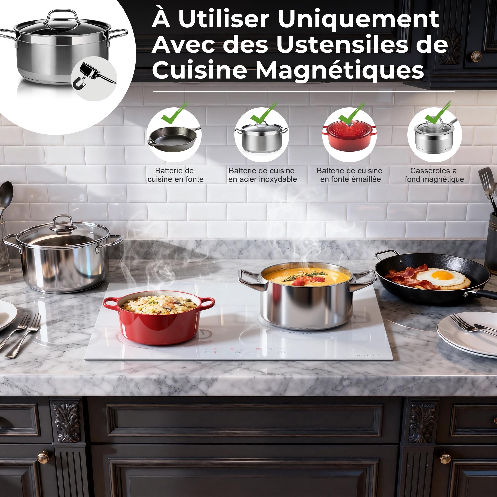 Karinear Plaque Induction Blanc 3 Feux avec Prise | Plaque de Cuisson Induction Encastrable 59CM, 3500W, Commande Tactile, Boost, Verrou de Sécurité, Minuterie, 220V