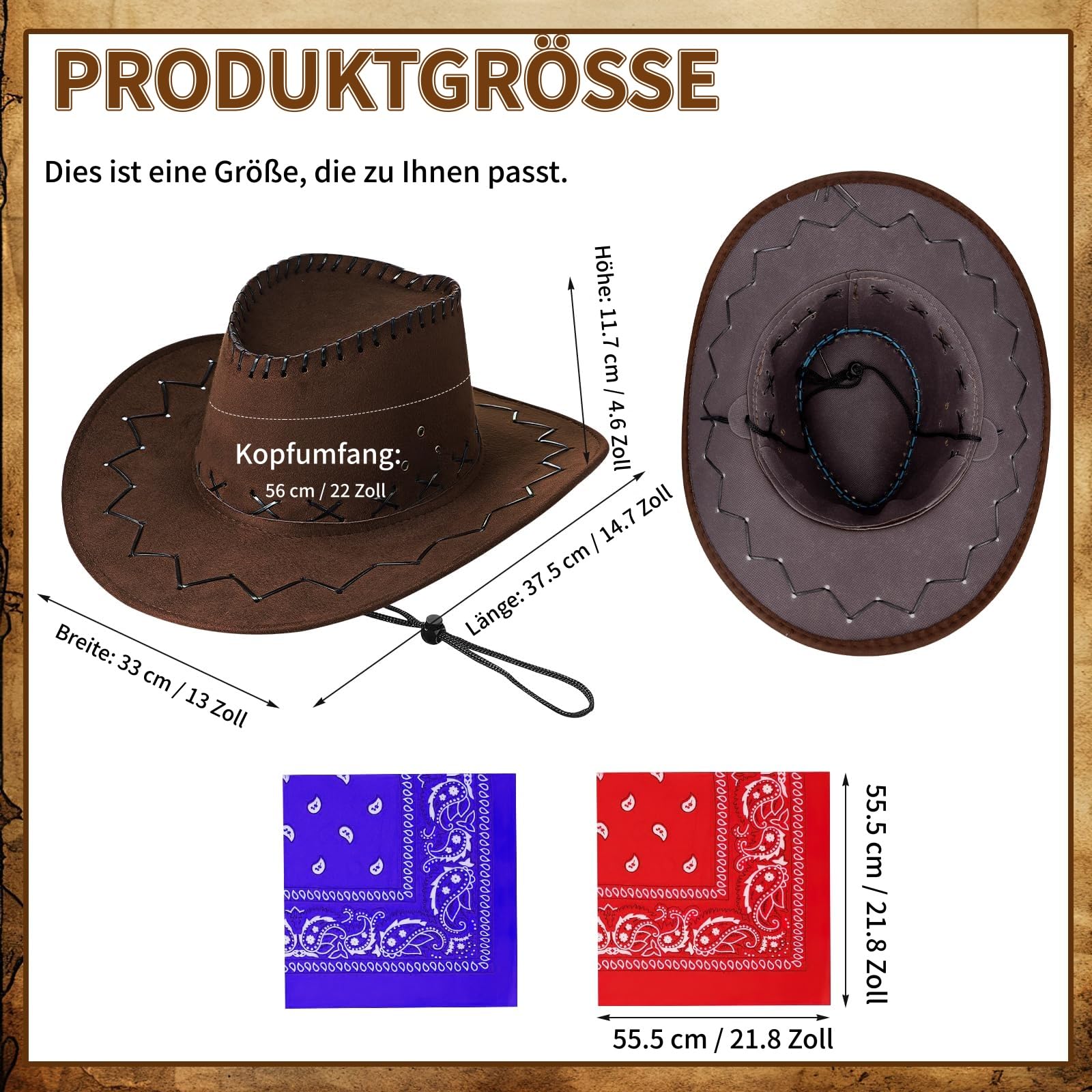 Set di 12 cappelli da cowboy con 12 bandane, cappello da cowboy western con sottogola regolabile, per adulti, perfetti per matrimoni, spettacoli e feste
