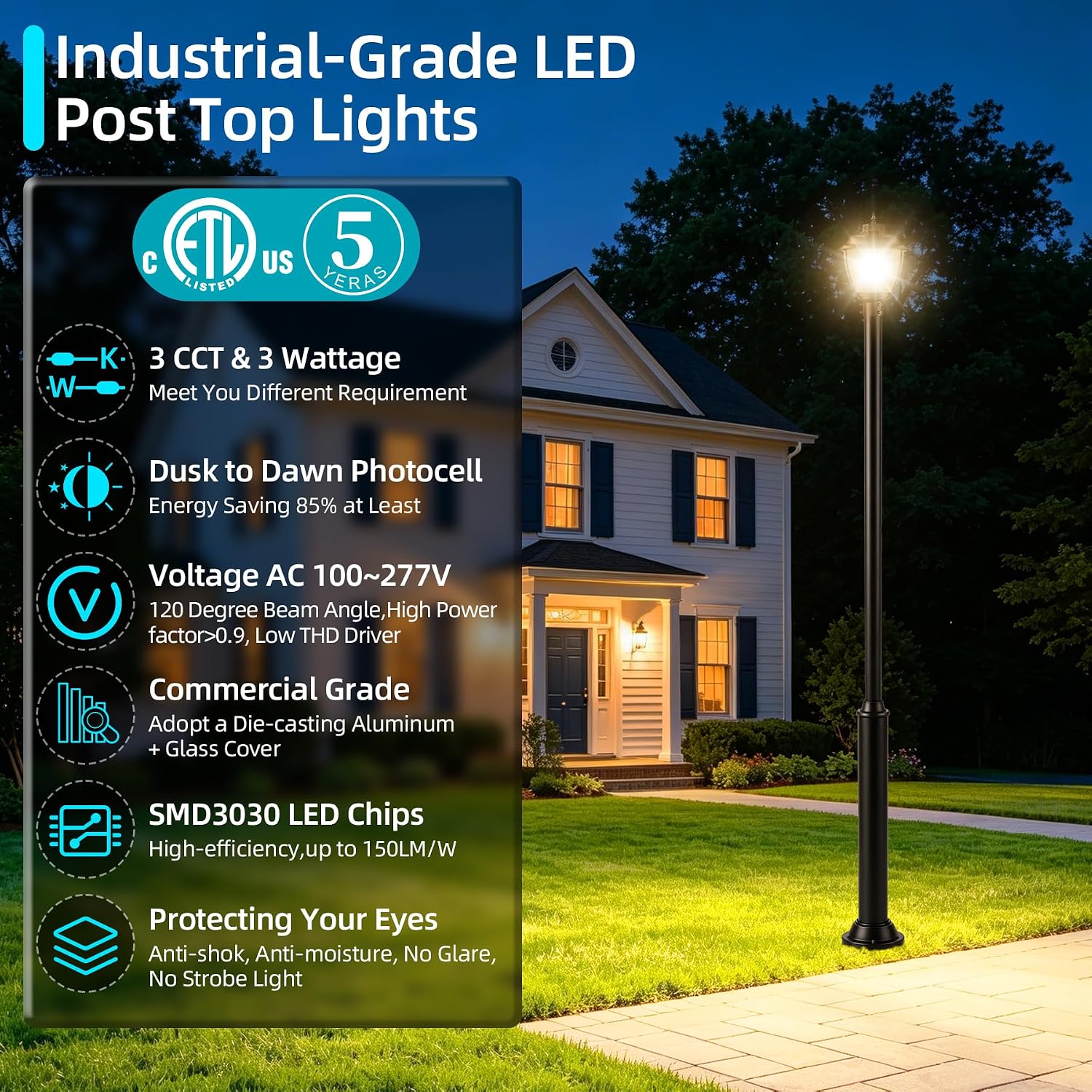 150W LED Post Top Light with Dusk to Dawn Photocell, 12.6 inch Post Lights 150W/120W/90W & 5000K/4000K/3000K Adjustable, ETL Listed Outdoor Pole Lights Fixture for Garden Yard Street, AC100-277V