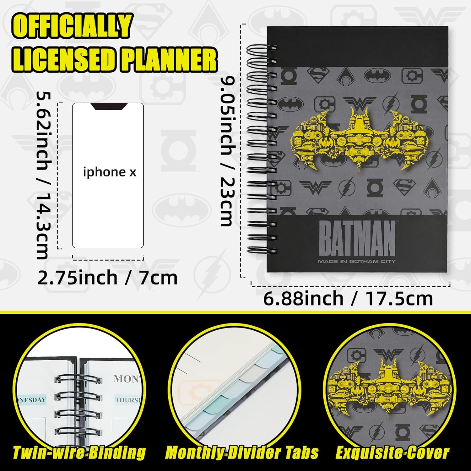 Batman Academic Planner Notebook, Hero Theme Weekly Monthly Daily Agenda, Custom Date Organizer for Time Management, Spiral Bound Planner with Colorful Tabs,Datebooks for Student, Workers (Black and Grey)