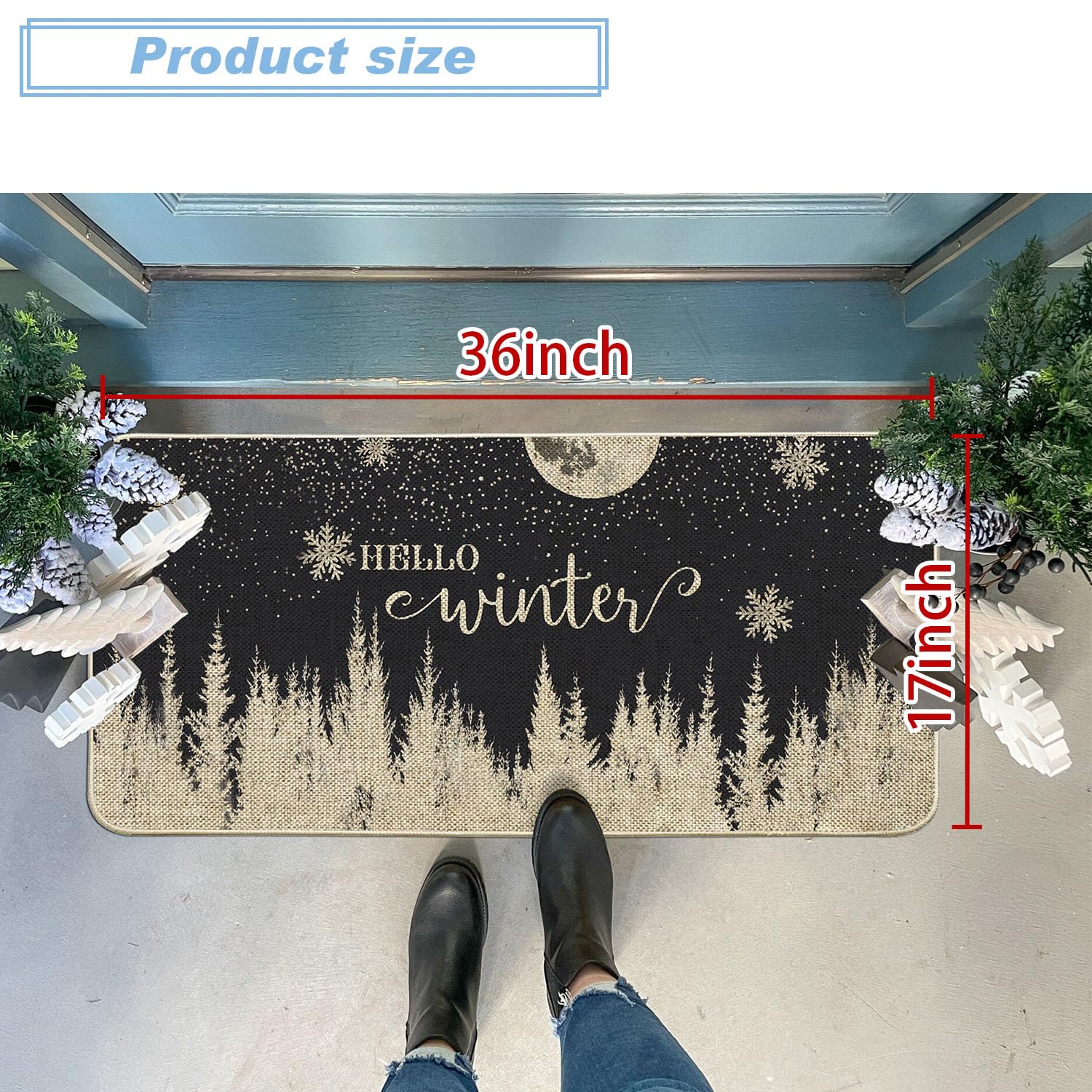 Baccessor Fußmatte mit Aufschrift "Hello Winter Night Welcome", Schneeflocke, Wald, dekorative Fußmatte für drinnen und draußen, Weihnachtseingang, rutschfeste Gummi-Rückseite, Vordermatte, Küche,