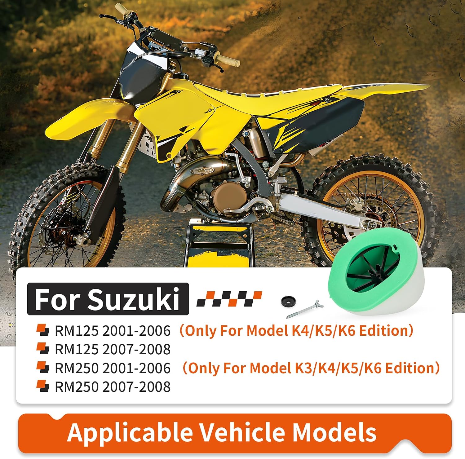 Air Filter + Cage Holder Guide w/Washer Bolt for Suzuki RM125 RM250 2001-2008（2001-2006，Only Model K3/4/5/6) 13791-37F20