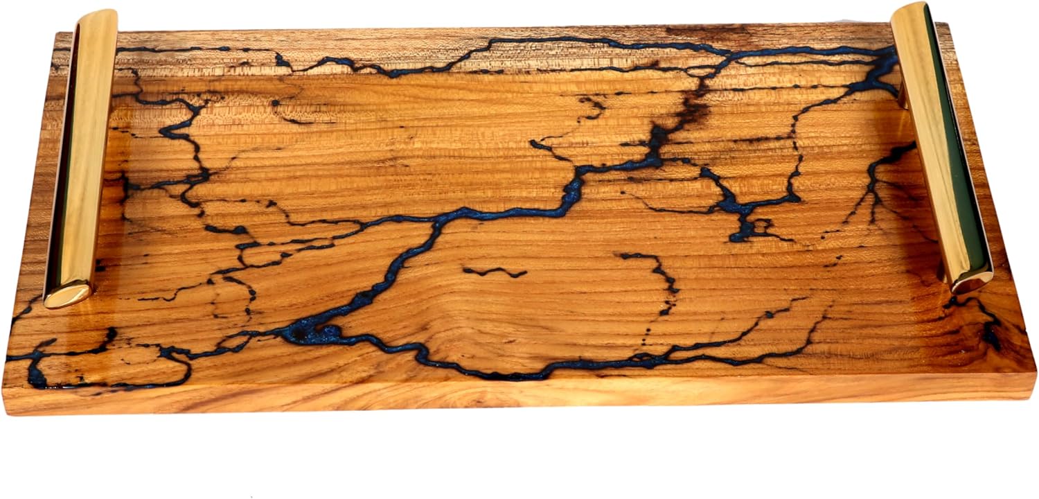 Wooden Serving Tray with Handle Designer Platter for Breakfast - Rectangular Epoxy Resin Teak Wood Serving Tray for Lunch, Dinner, Appetizers, Patio, Coffee Table, Party Food Serving Trays