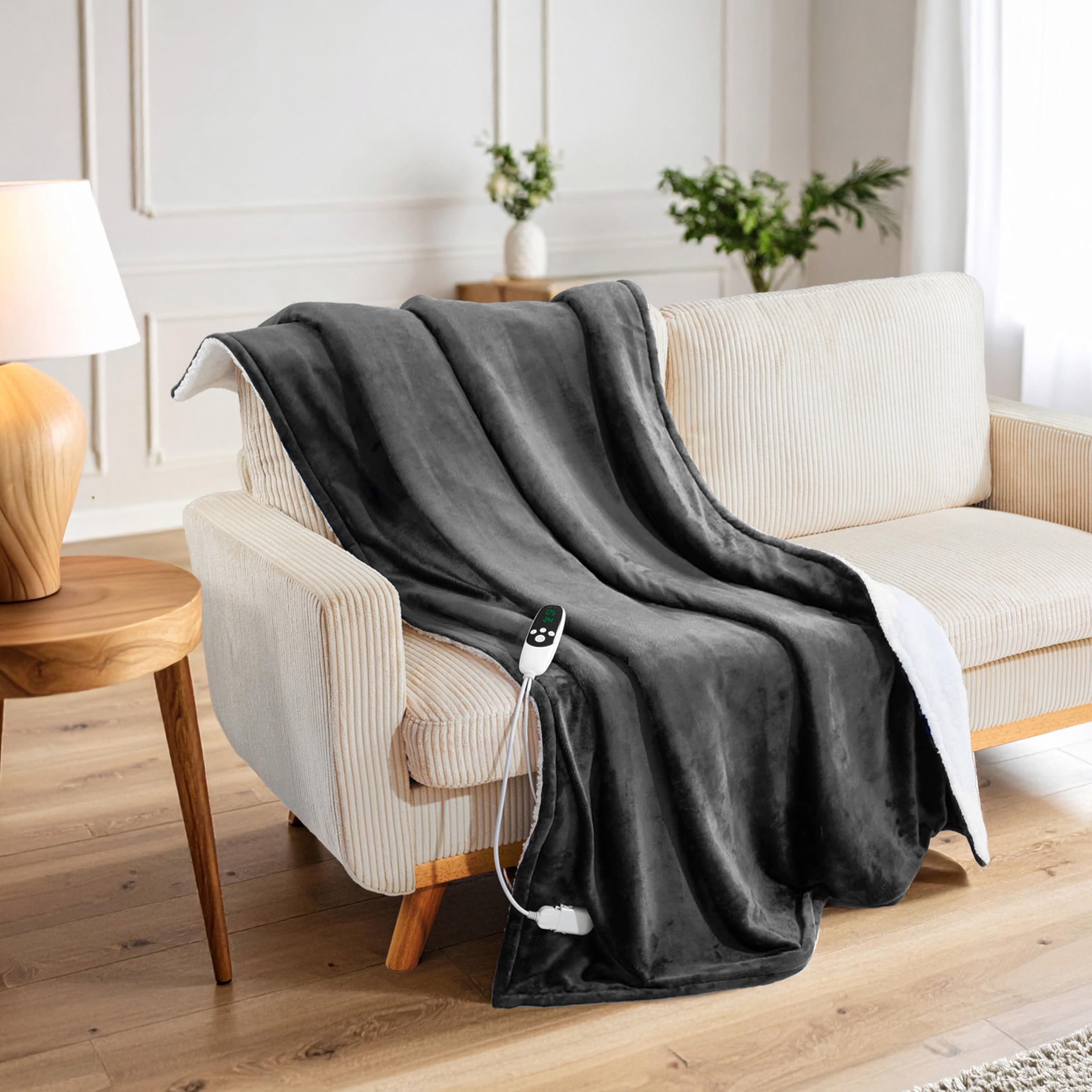 Get Trend Couverture Chauffante Électrique 150x200 cm, Polaire Plaid Sherpa, 9 Niveaux avec 12 Heures Arrêt Automatique, Lavable en Machine, Idee Cadeau (Gris Foncé, Double EU)
