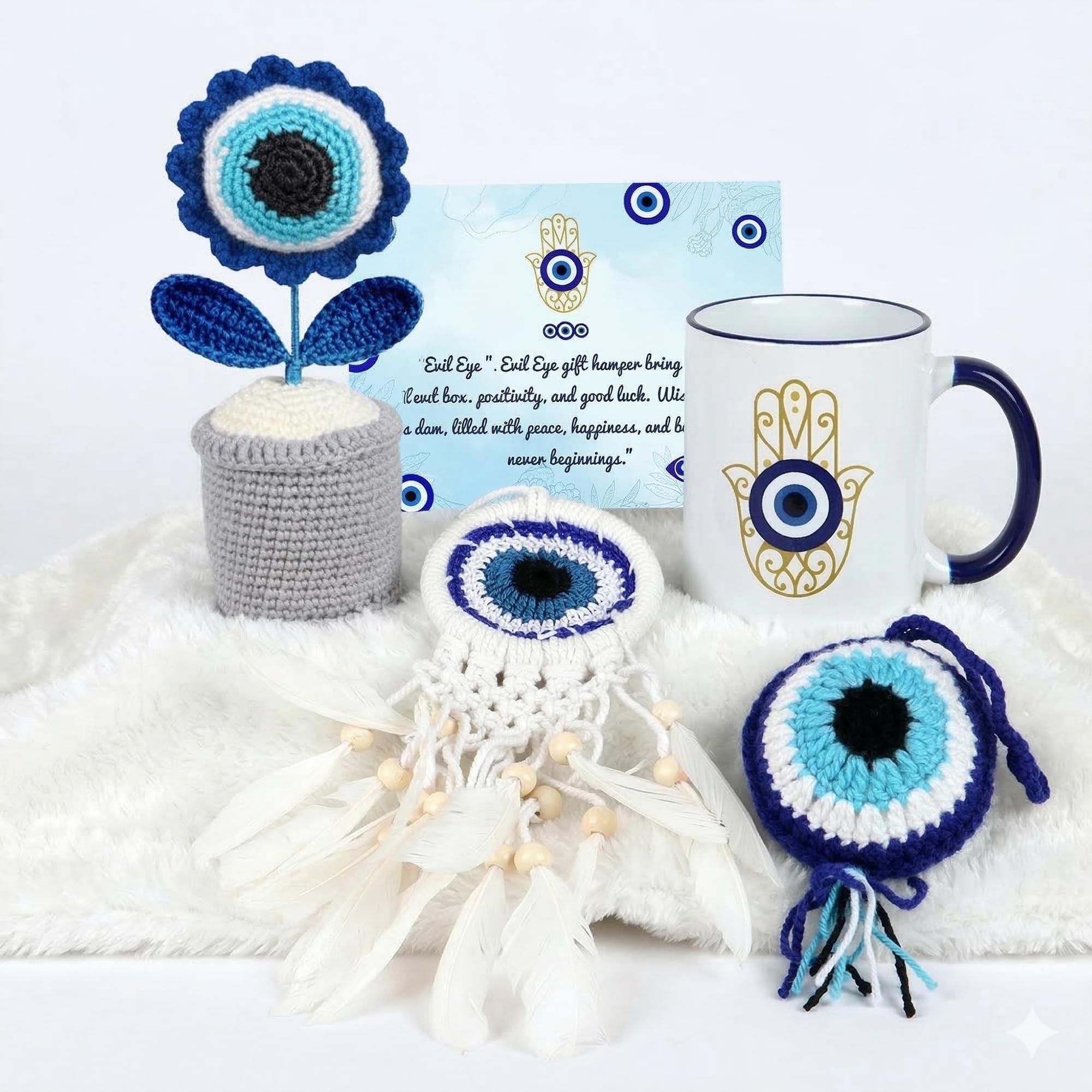 THE Loony Box Evil Eye Gift Hamper Set – Handmade Crochet Evil Eye Pot, Dreamcatcher, Mug, Crochet Keychain & Blessing Card | Home Decor & Positive Energy Gift Ideal for Friends & Family-image-8