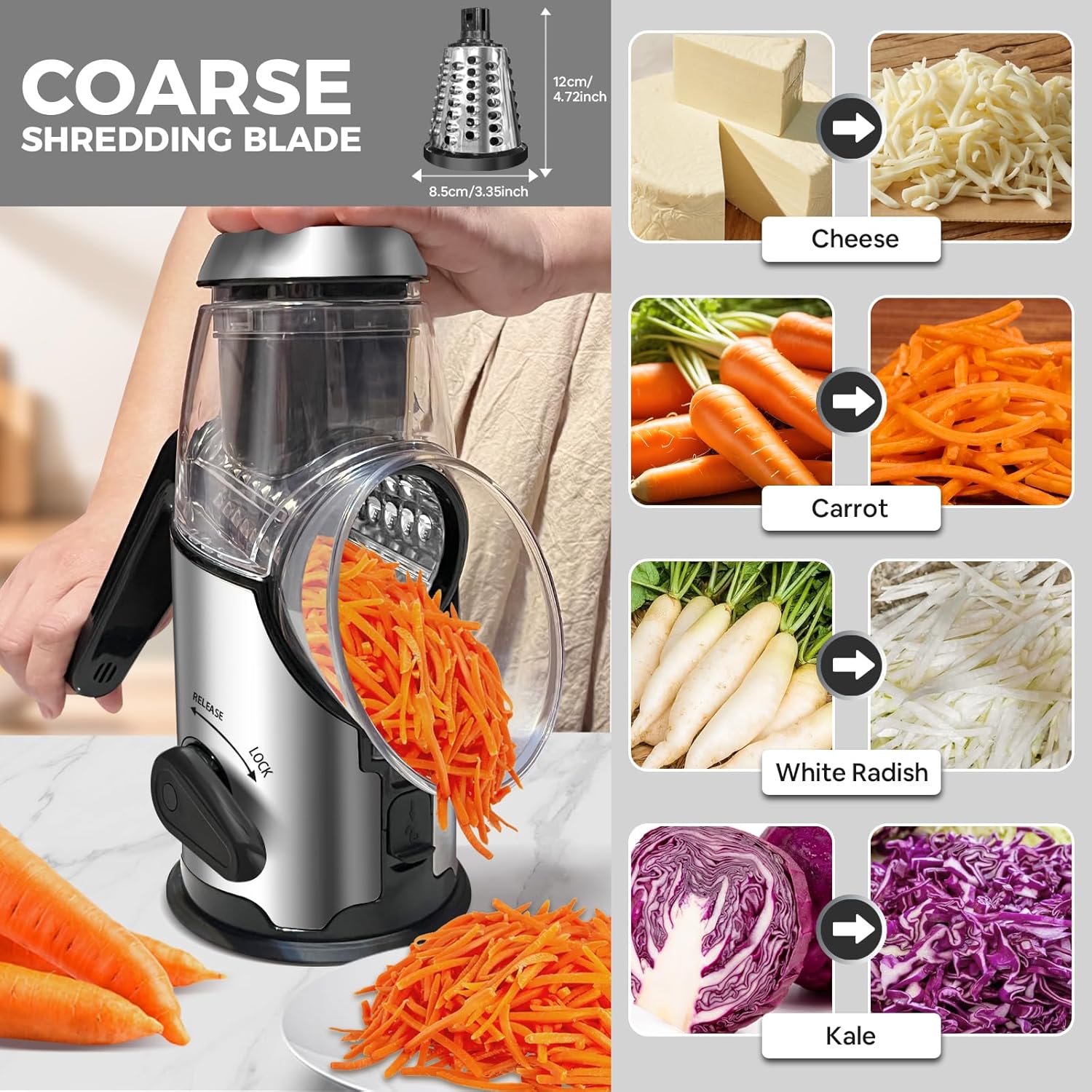Rotary Cheese Grater with Handle, 3 Chanable Blades for Kitchen