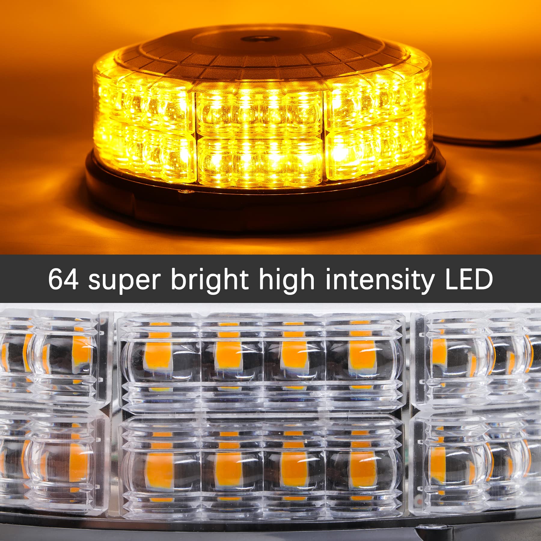 Lampeggiante Trattore LED 12V-24V, Luce di Emergenza Arancione Magnetica con 64 LED, Luce Stroboscopica da Tetto, 12 Modalità per Auto, Camion, Furgoni e SUV
