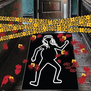 16 Pieces Halloween Crime Scene Kit with Bloody Handprints, Chalk Outline, Evidence Markers, Murder Scene Tape, Mystery Dinner Party Game, Multiple Bloody Stickers