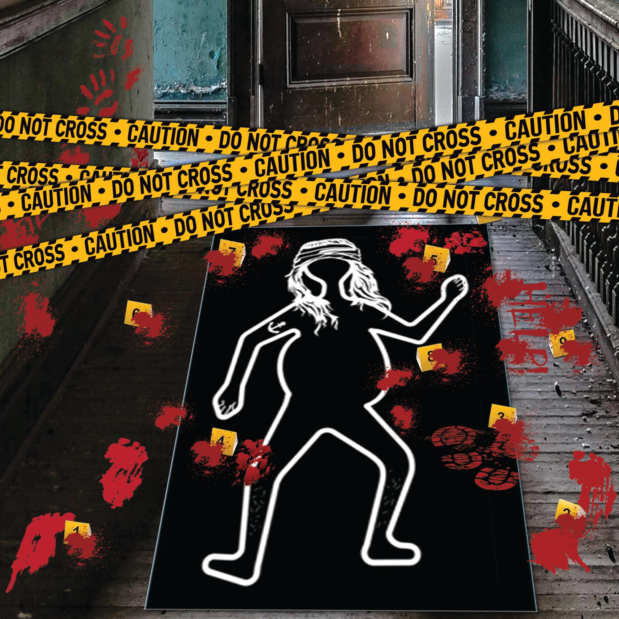 16 Pieces Halloween Crime Scene Kit with Bloody Handprints, Chalk Outline, Evidence Markers, Murder Scene Tape, Mystery Dinner Party Game, Multiple Bloody Stickers