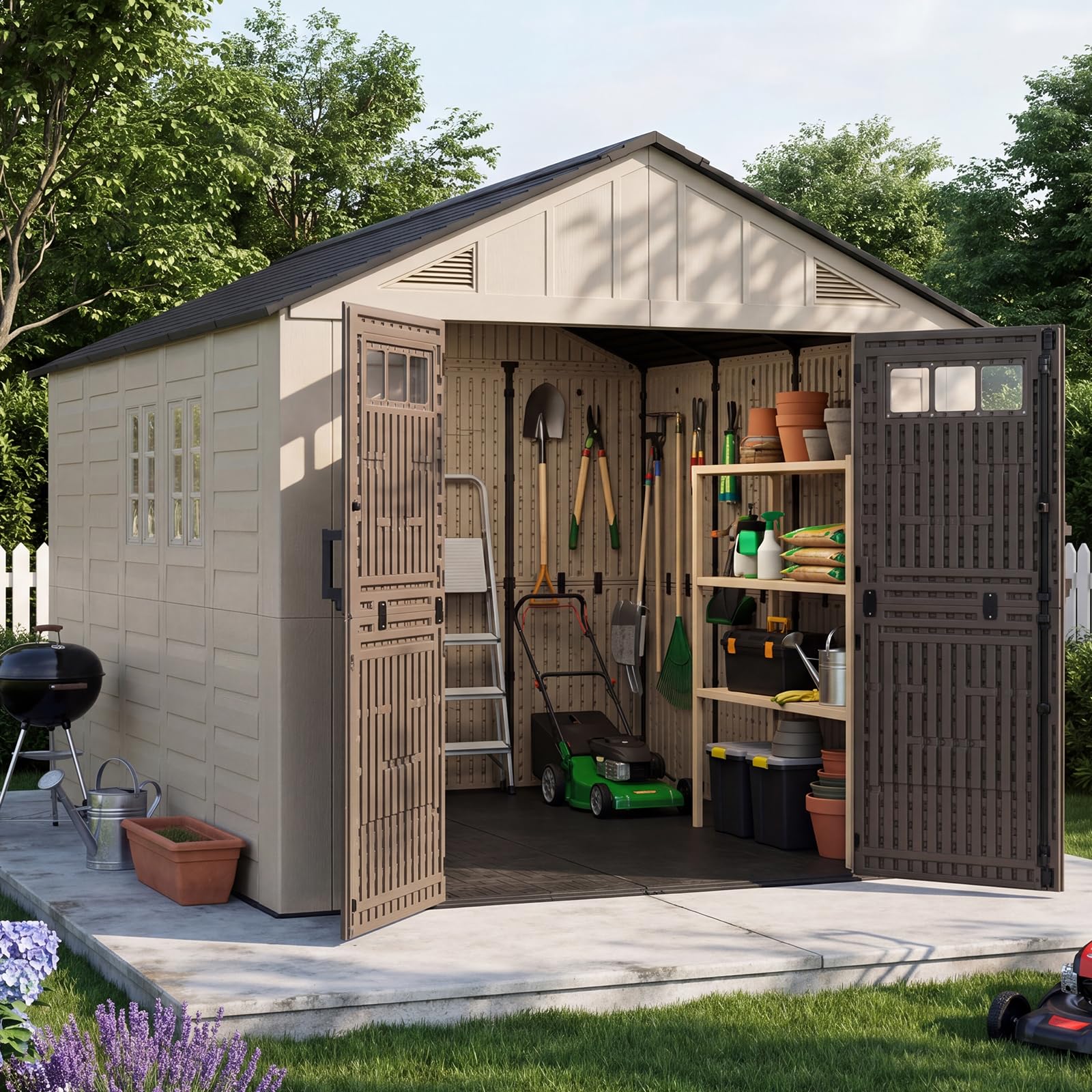Aoxun 8x12 Ft Outdoor Storage Shed with Floor, Large Resin Outdoor Shed with Lockable Door &amp; Windows, Garden HDPE Sheds for Lawn Tools, Pool Supplies &amp; Bikes