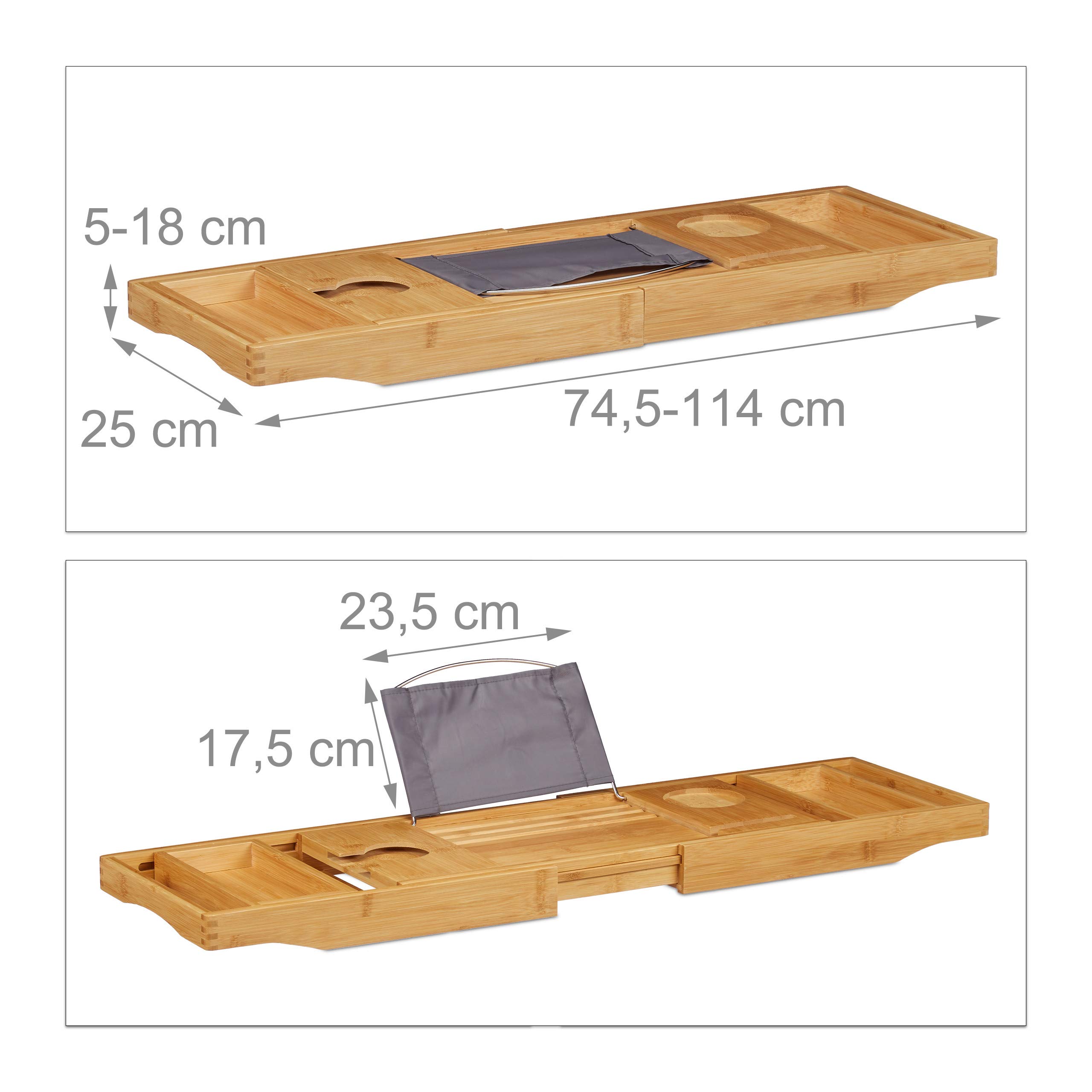 Relaxdays Bandeja Cama y Bañera Extensible 2 en 1 con Soporte para Libros y Copas de Vino, Bambú, Marrón, 74,5-114 cm