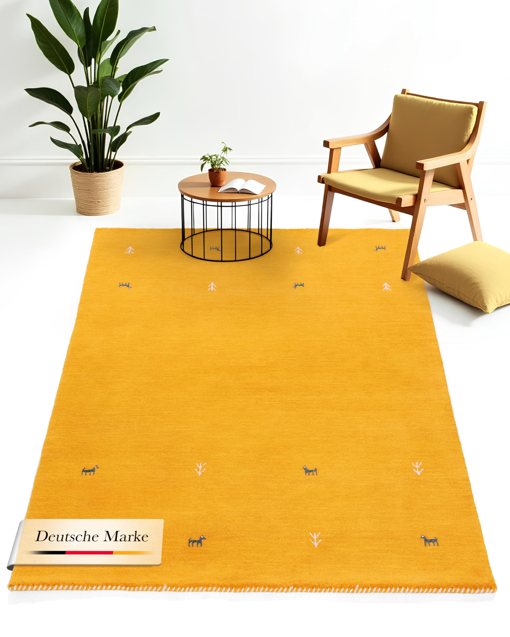 carpetfine Wollteppich Gabbeh Uni Gelb 140x200 cm | Moderner Teppich für Wohn- und Schlafzimmer