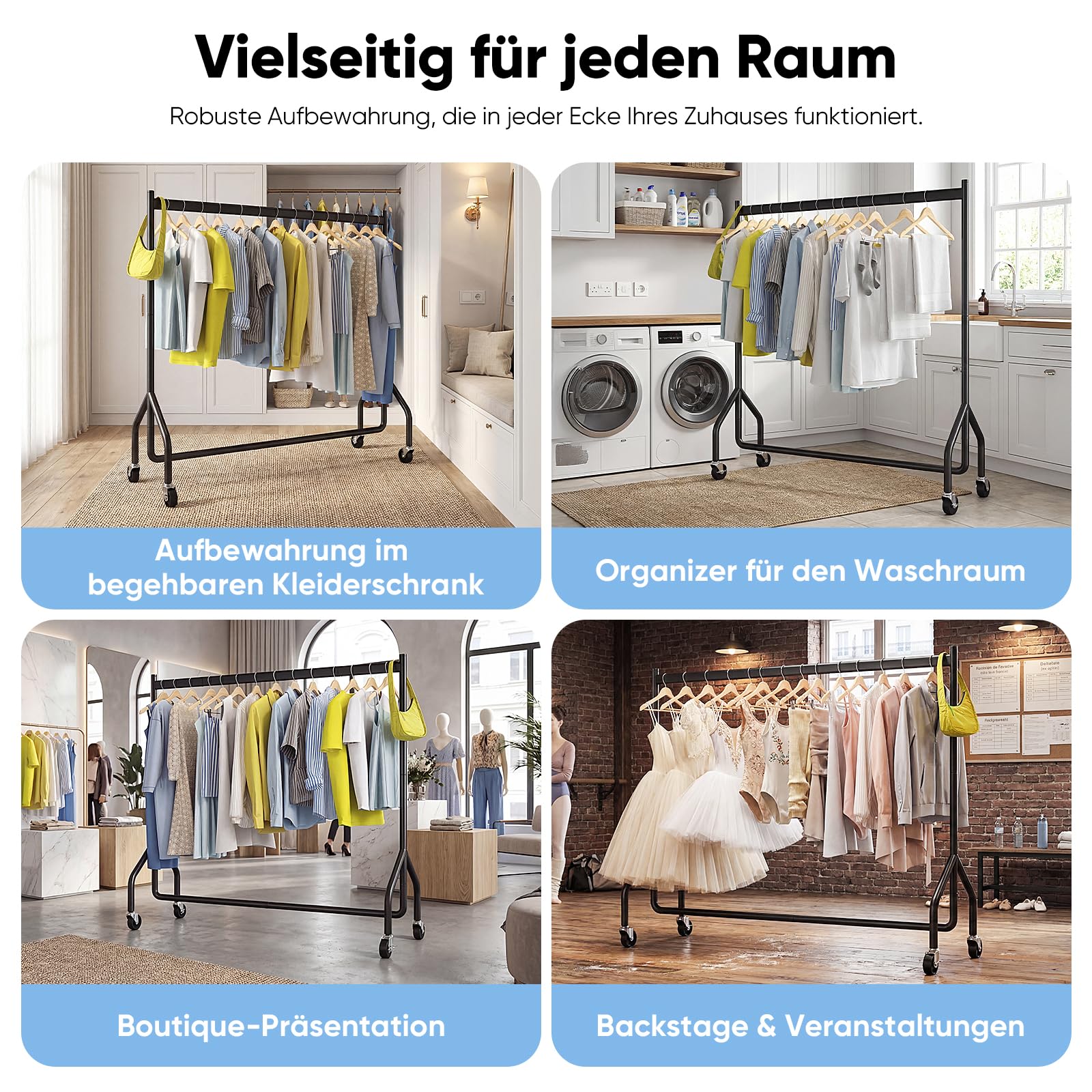 HOKEEPER Schwerlast Kleiderständer auf Rollen,Kleiderstange kleiderstangen für Hängende Fahrbarer Klamotten Ständer Closet Garderobe Rack, 152x46x152cm