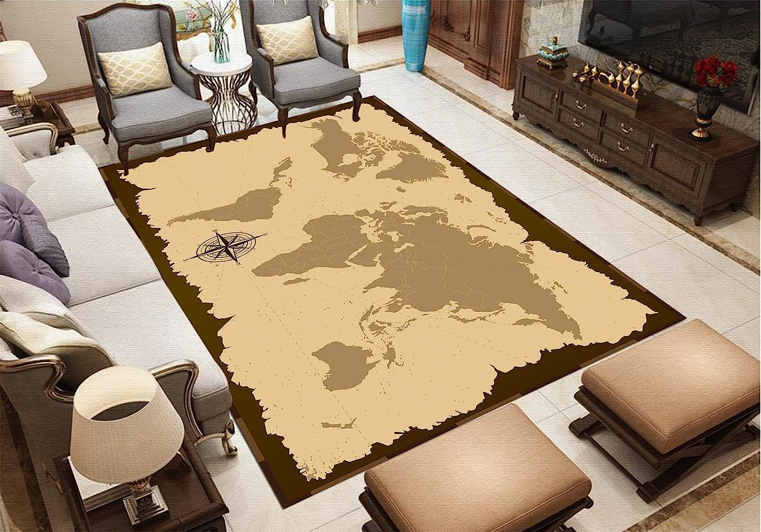 GenericArea Rug World Map Compass Soft Flannel Carpets 62.9 X 90.5 Inch, Rug Rugs Bedroom Living Room Decorations Floor Indoor Area Rugs Non-Slip Rugs, Stain Resistant Easy Clean -7D4A/Y2Y