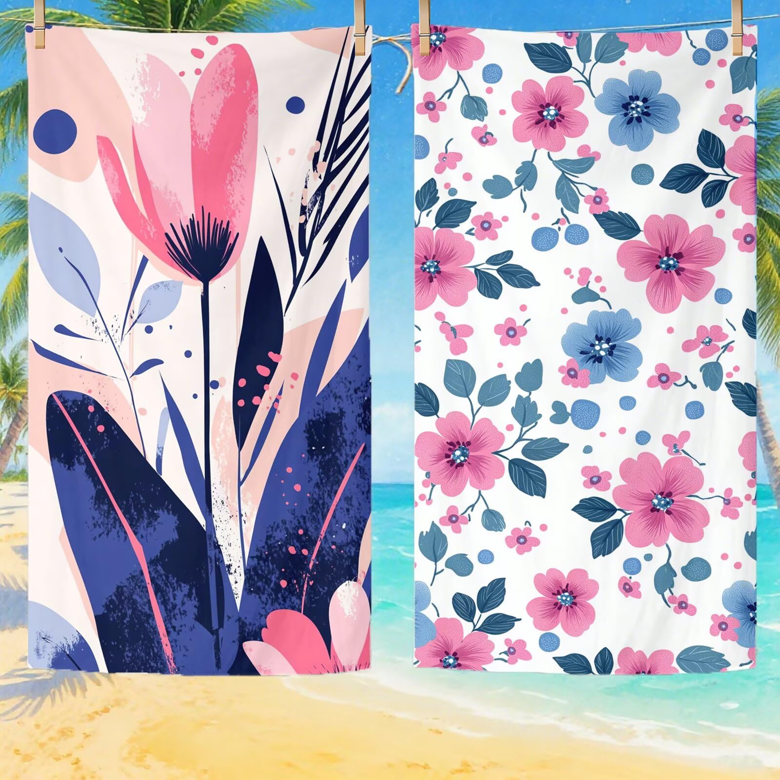 Serviette de Plage Microfibre Serviette Plage 100x150 cm 2 Pack Séchage Rapide, Anti-Sable, Absorbante Fonction Drap de Plage XXL pour Bain, Sport, Voyages, Sauna, Piscine, Yoga, avec Sac Rose Q-646