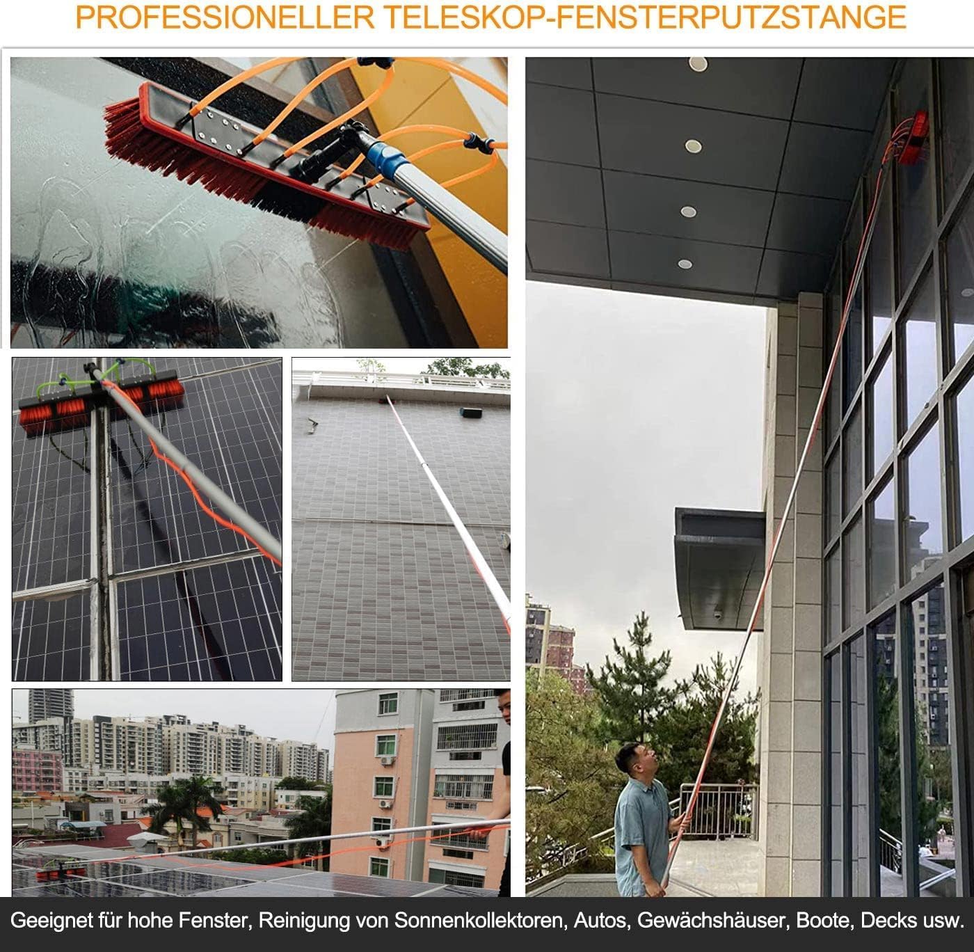 Asta Telescopica con Spazzola da 55 Cm, Asta Telescopica Portante Acqua, Pulizia Impianto Fotovoltaico, Set per La Pulizia dei Pannelli Solari, Strumento per Il Lavaggio All'aperto, Aste, 9m