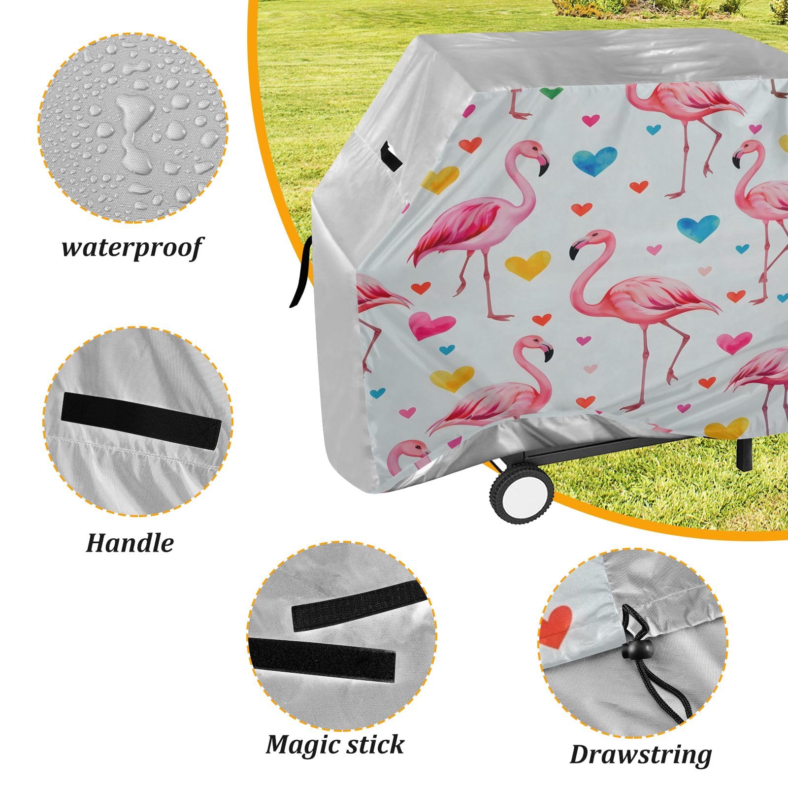 Copertura per barbecue di alta qualità, impermeabile, resistente allo sbiadimento, resistente, adatta per griglie fino a 63 cm, motivo fenicottero